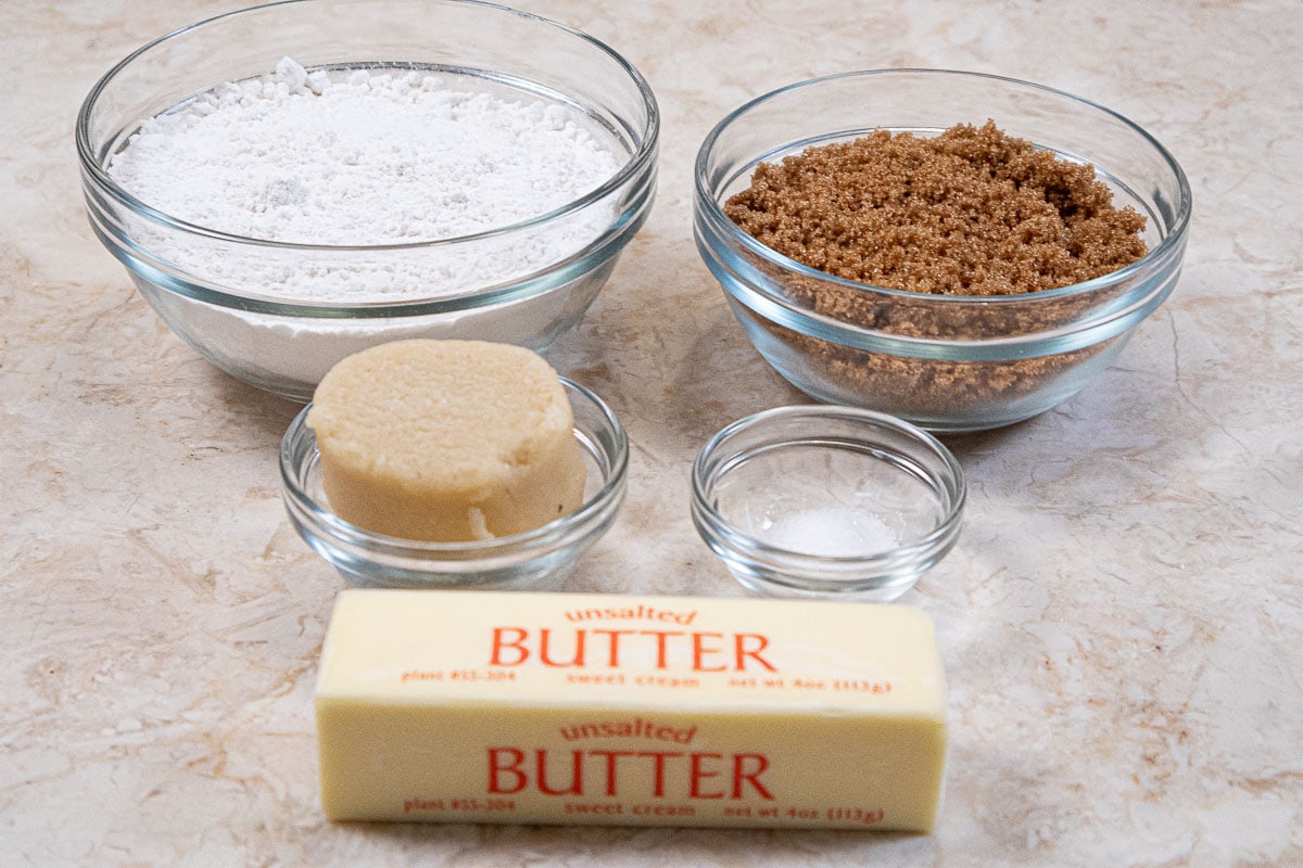 Ingredients for the Brown Sugar Almond Cumb are cake flour, brown sugar,almond paste, salt and unsalted butter.