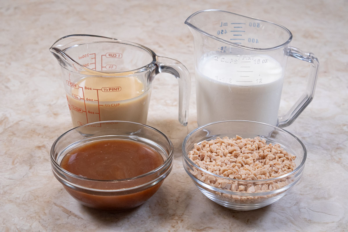 Ingredients for the Caramel Brickle Ice Cream are condensed milk, heavy cream, caramel, brickle.