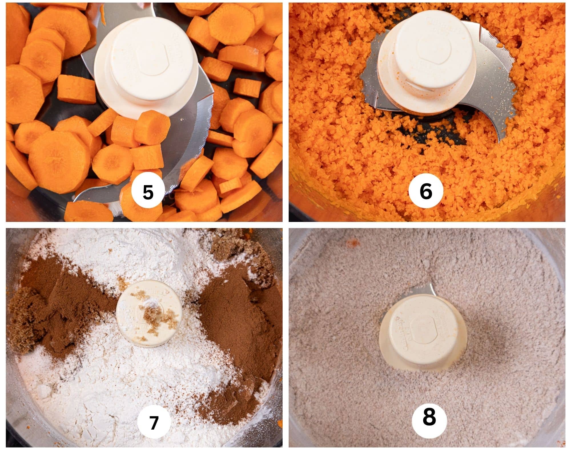 This collages shows the carrots  in the ofod processor, processed, the dry ingredients for the doughnuts in the food processor and processed.