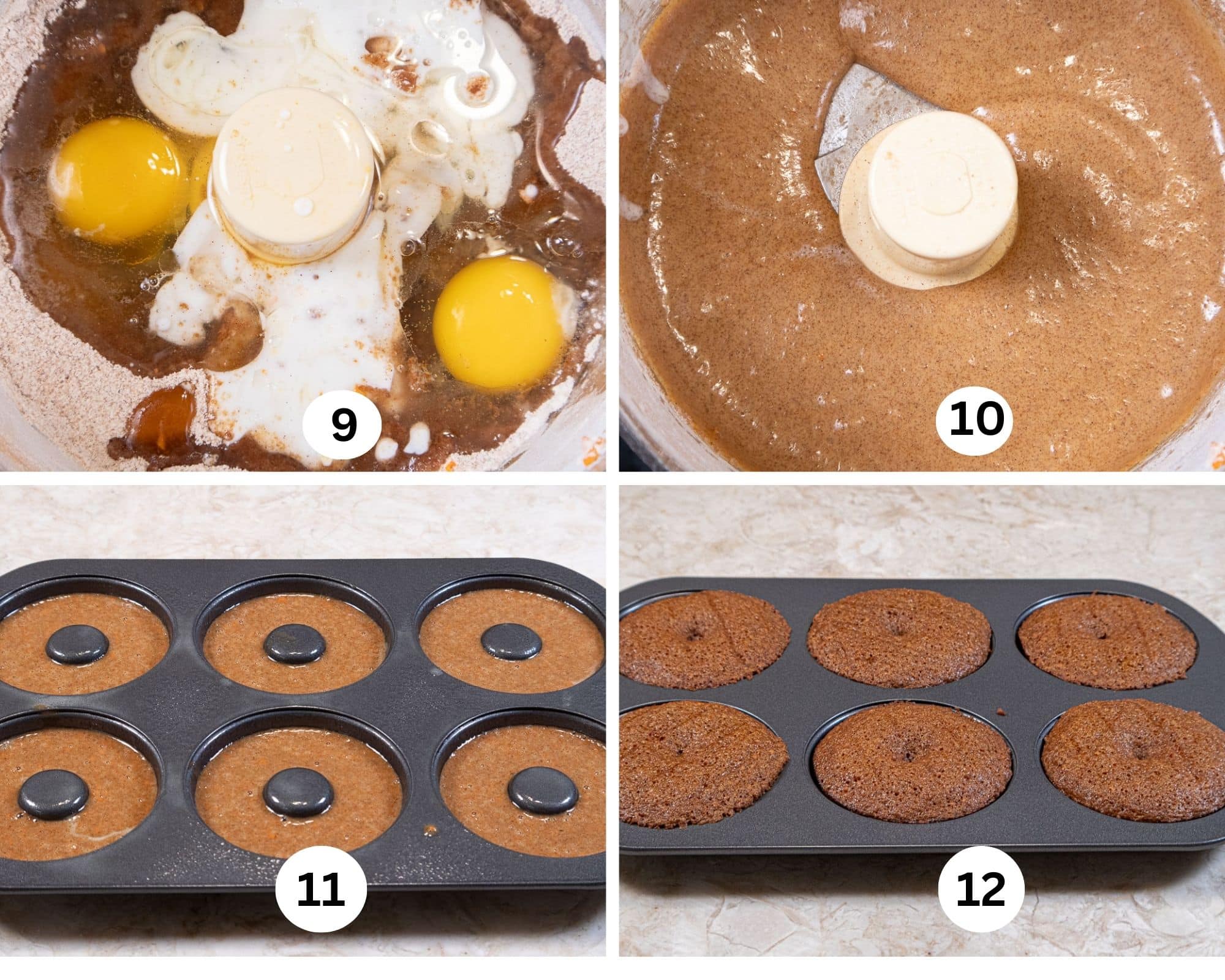 The eggs, oil, buttermilk, honey, brown sugar, and flour are added and processed to a smooth batter, the mixture is spooned into the pans and baked.