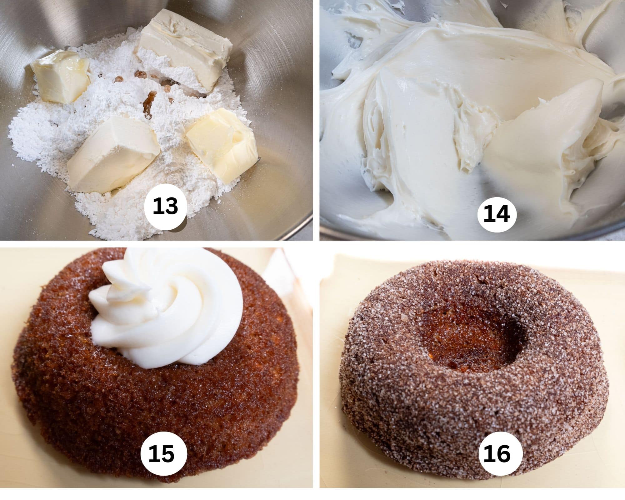 The last collage shows the cream cheese frosting ingredients in a mixing bowl, beaten, pipied into the well of a doughnut and a doughnut finished with cinnamon sugar.