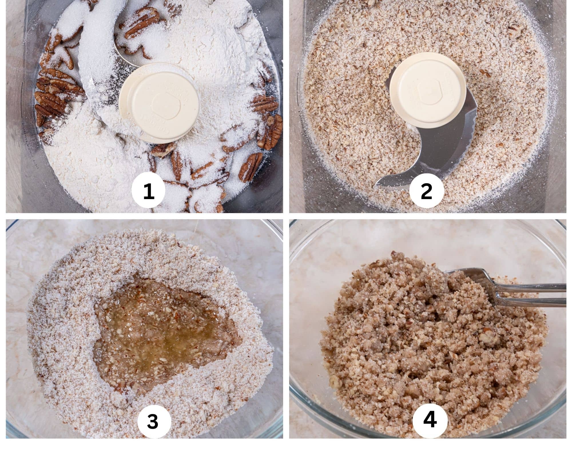 The first collage shows the pecans, flour, and sugar in the processor bowl, processed, the melted butter added and the topping made.