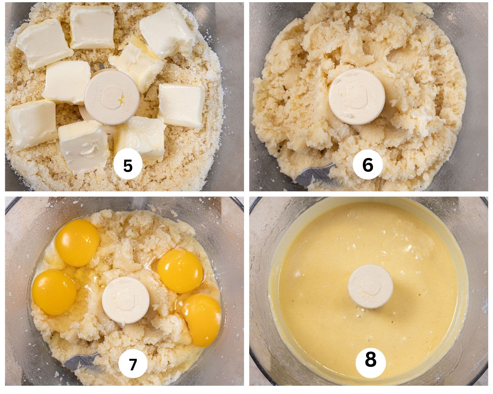 The second collage shows the butter added to the processor, processed, the eggs added and then processed.