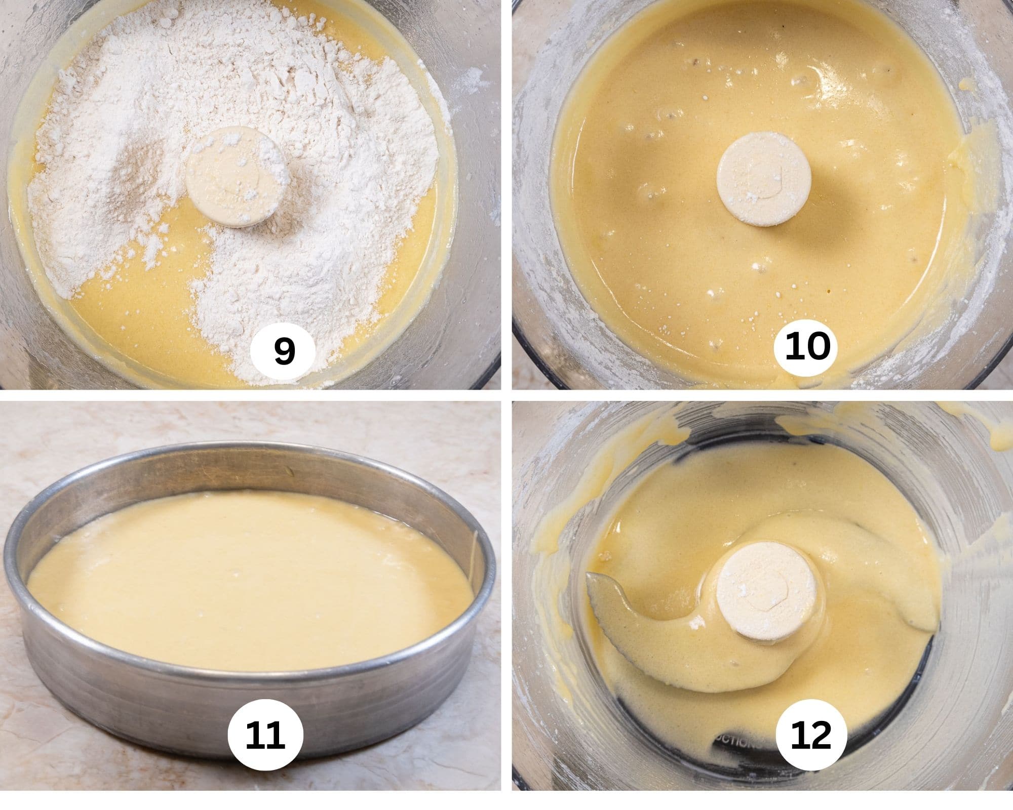 The pictures in this collage show the flour added to the processor,mixed in, the cake in the baking tin and the processor with batter  still in it. 