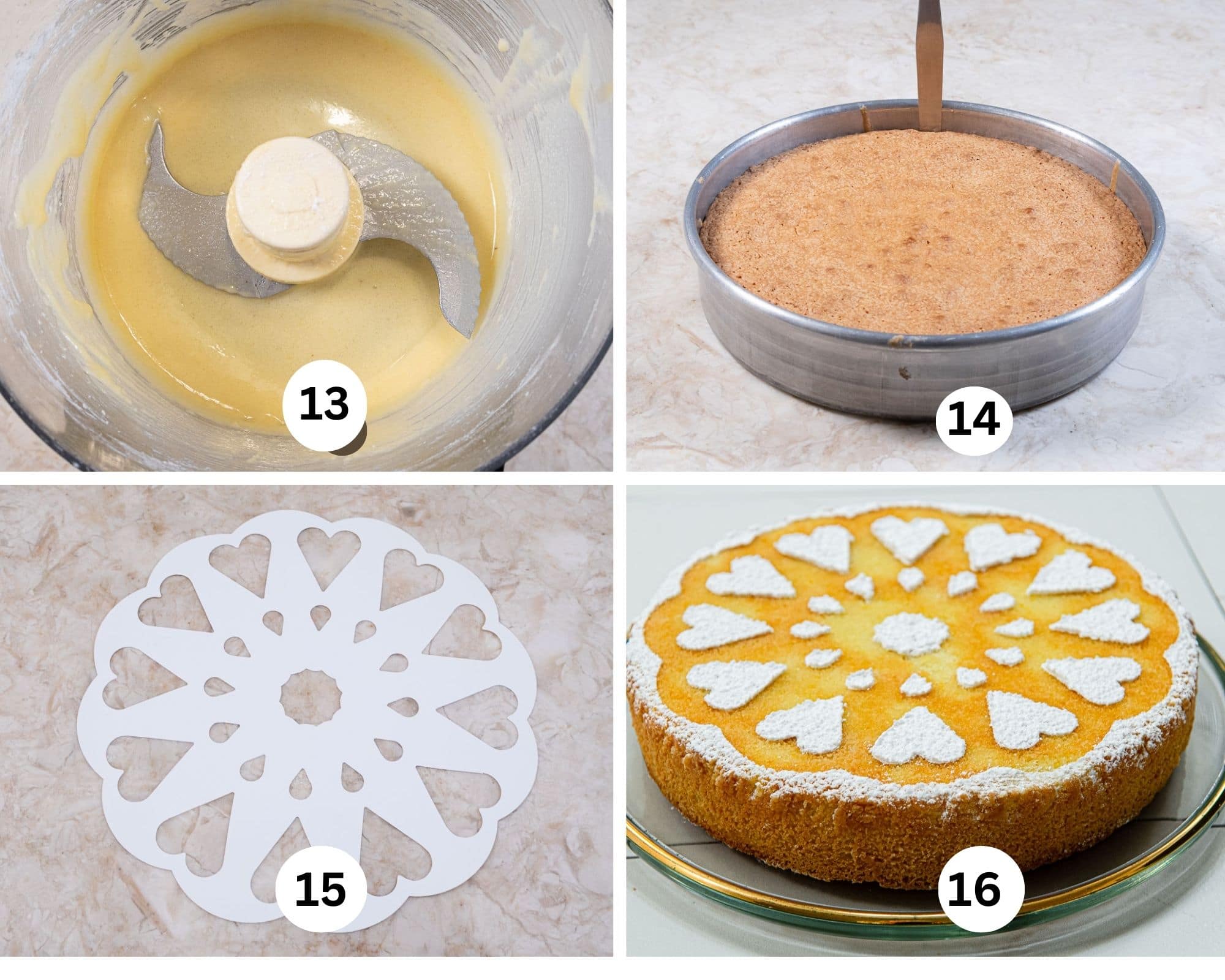 The last collage shows the batter slung off the processor blade, a spatula loosening the edge of the baked cake, a cake stencil and the stencil powdered sugar on top of the cake.