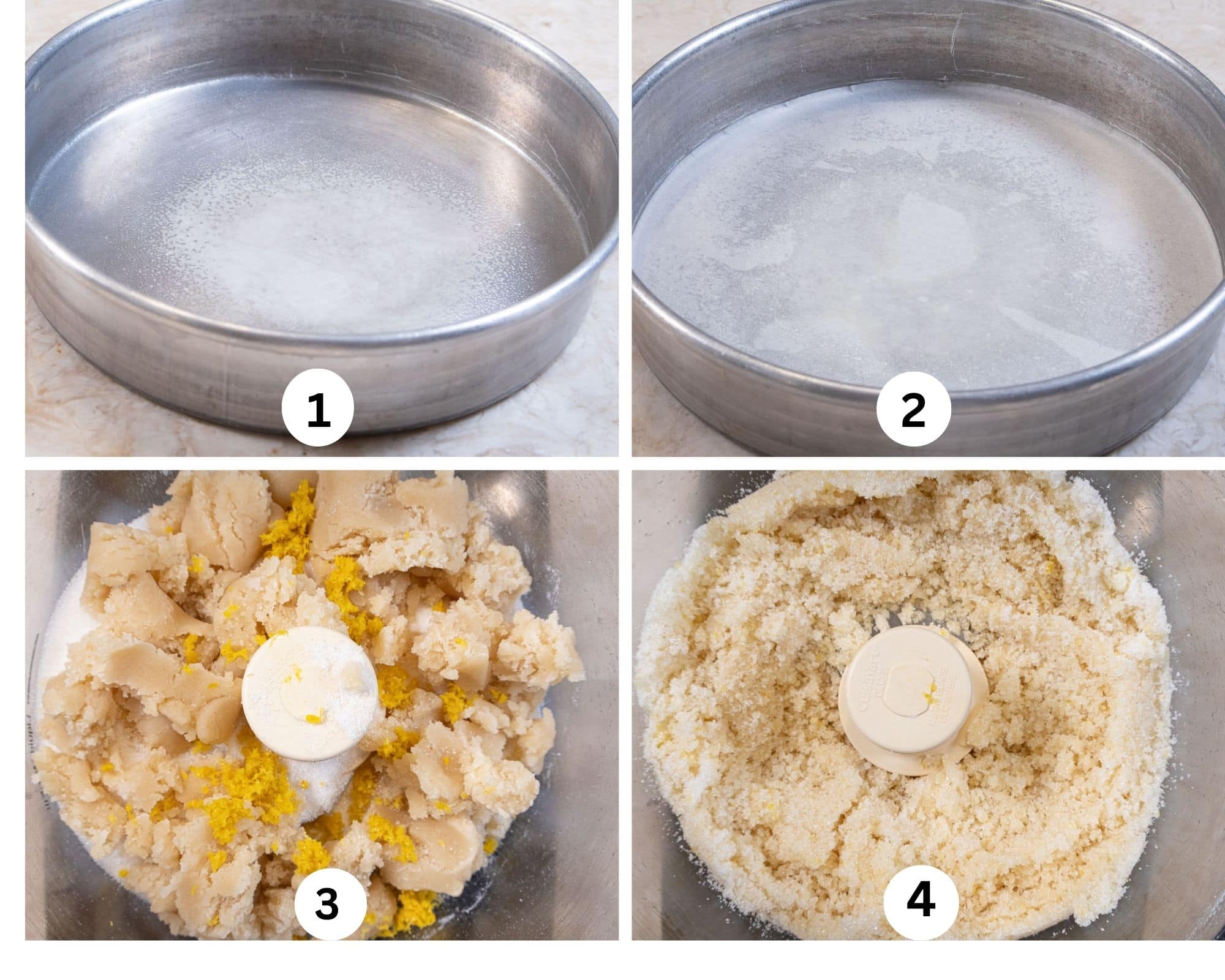 This collage shows the center of the pan being sprayed, lined with parchment, the almond paste, sugar and orange rind in the processor bowl, then processed.