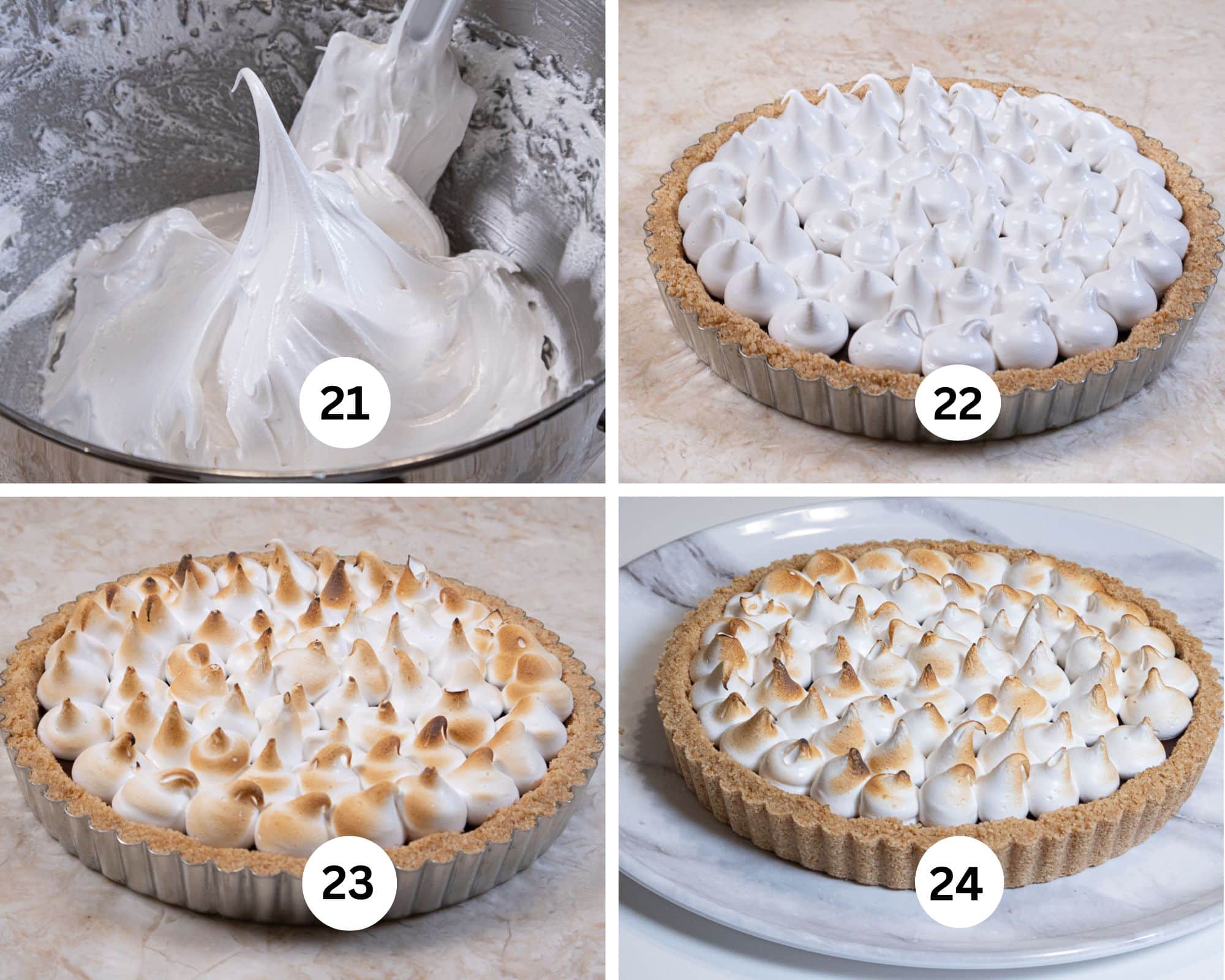 The last collage shows the marshmallow cream beaten stiff, piped onto the tart, browned with a blow torch or mini torch and removed from the shell and transferred to a serving plate.