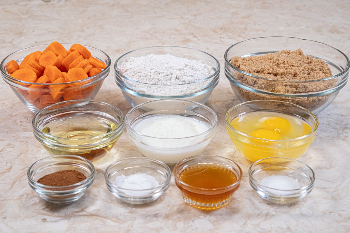 The doughnuts consist of carrots, all-purpose flour, cinnamon, salt, baking soda, eggs, oil, buttermilk, honey and brown sugar.