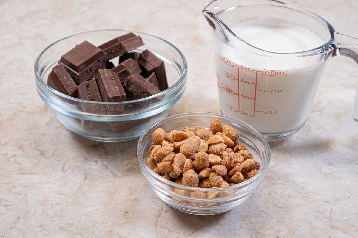 Three ingredients make up the milk chocolate filling.  Milk chocolate, heavy cream and peanuts.