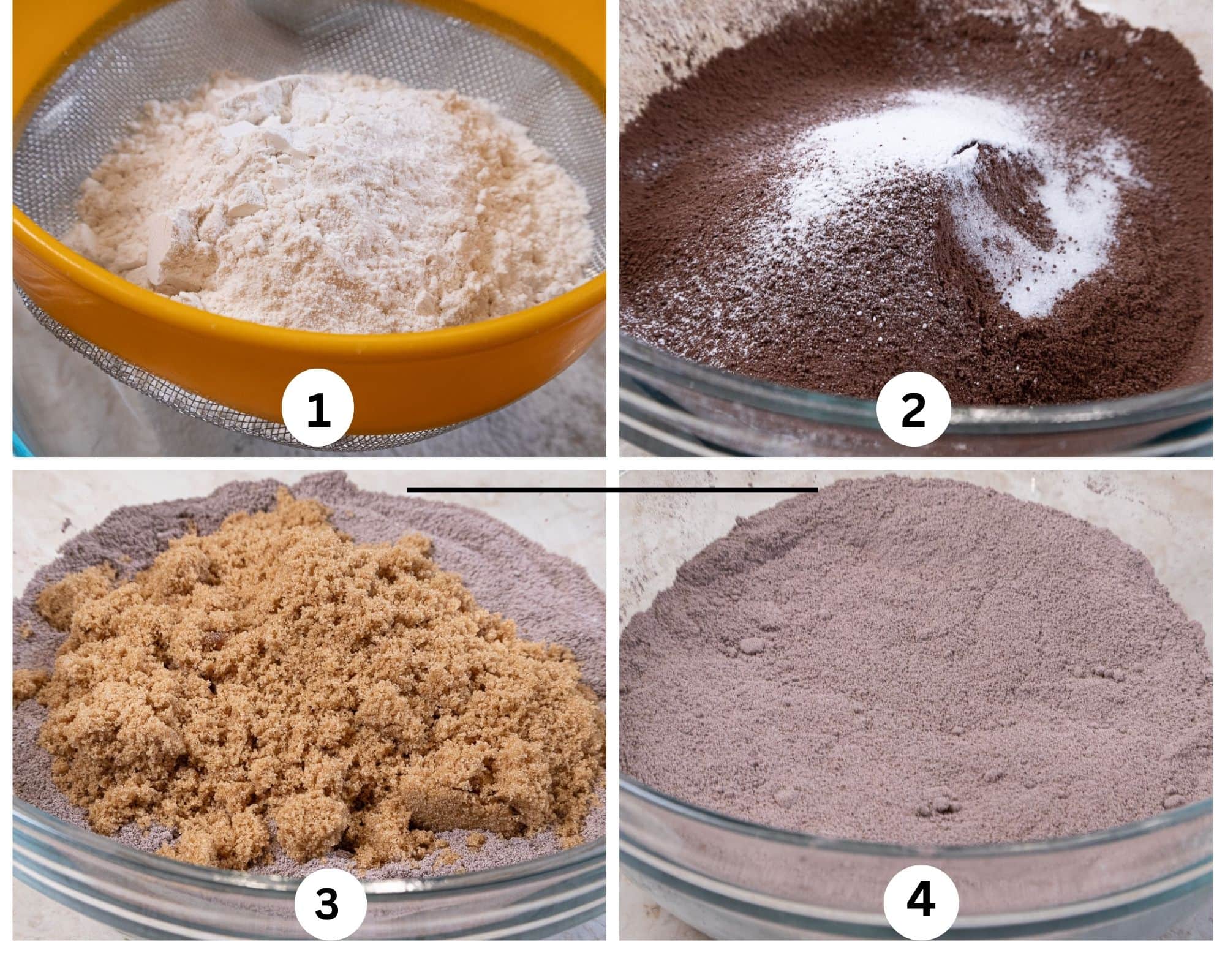 This collage shows the flour being sifted, the cocoa sifted on top, the brown sugar added and the dry ingredients whisked together.  