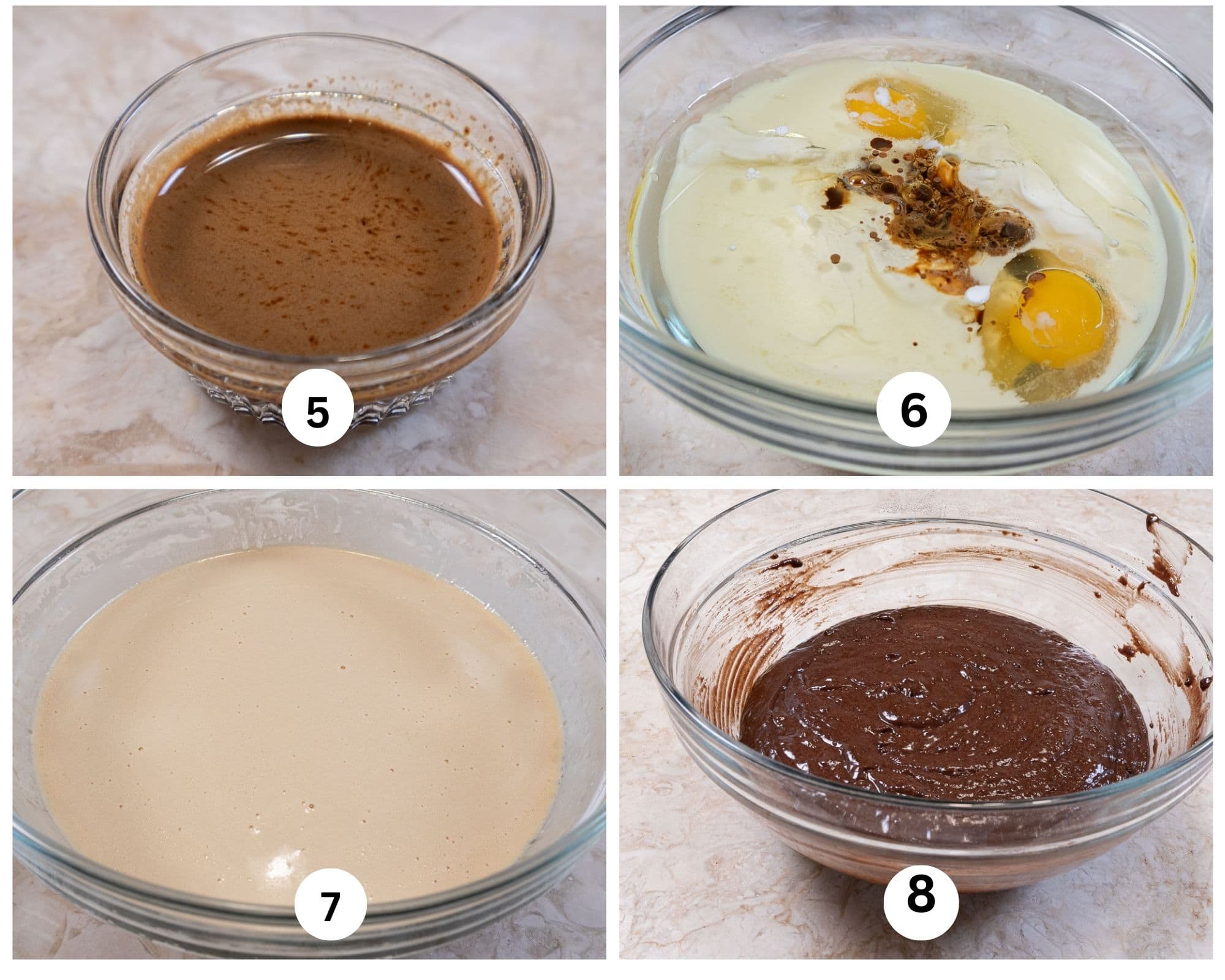 The coffee and vanilla mixed in a small bowl, the liquid ingredients in a bowl,mixed together and the batter completed.