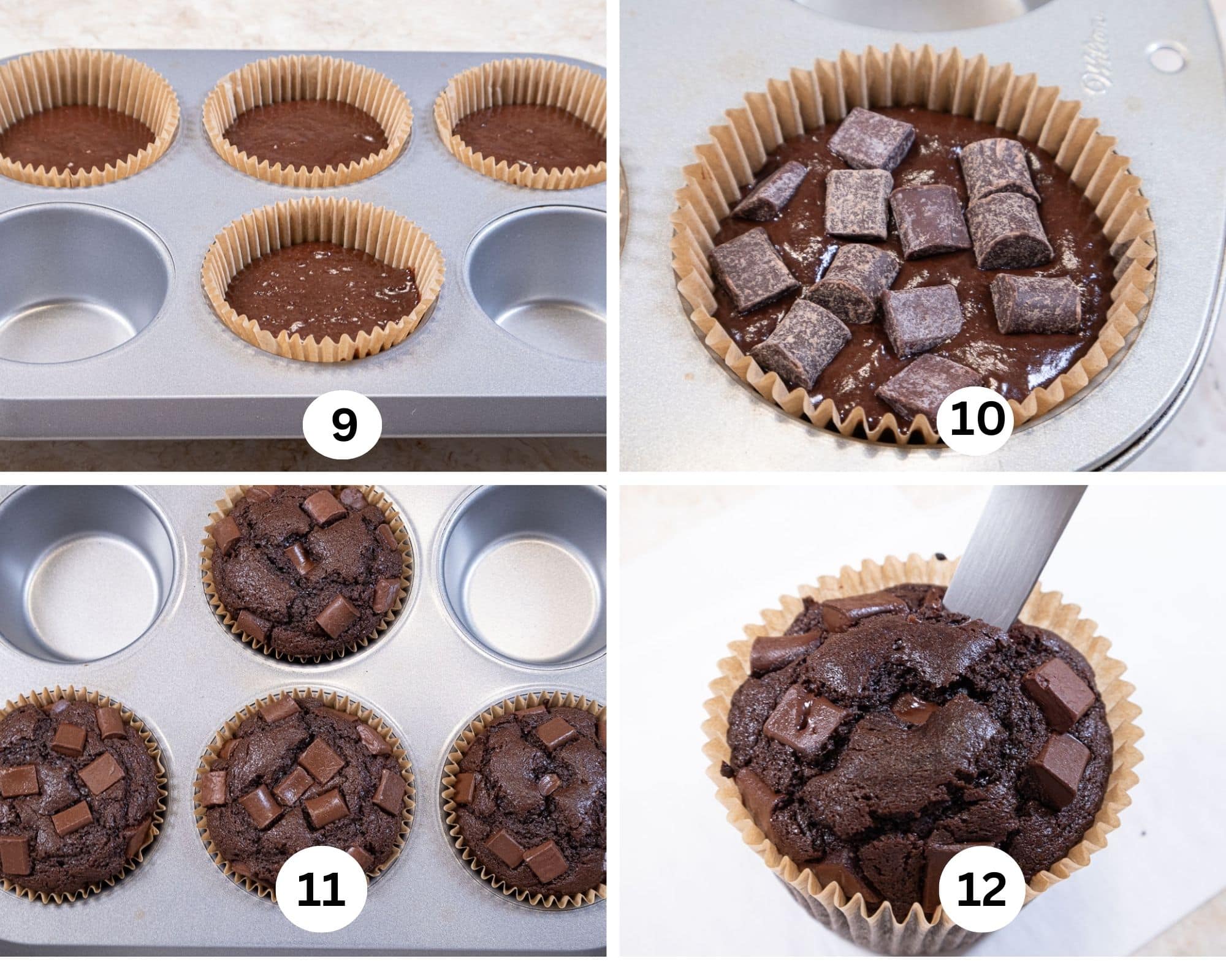 This collage shows the unbaked muffins in a muffin pan, then topped with chocolate chunks, baked and the center being cut out. 