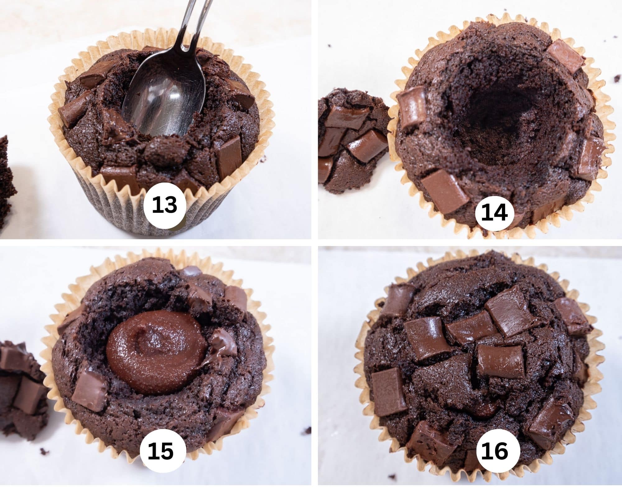 This last collages shows the spoon enlarging the hole for the filling, the hole, the filling in the hole and the top put back on the muffin.