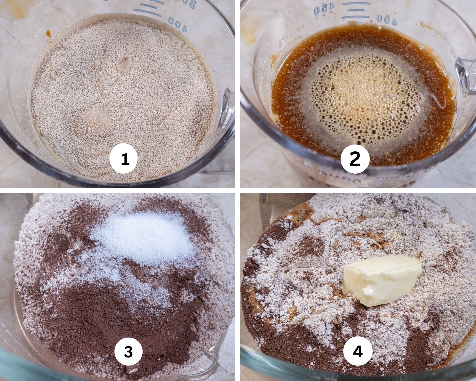 The first collage shows the yeast on top of the water, the molasses and honey added ,the dry ingredients in a mixing bowl and the butter and liquds added. 