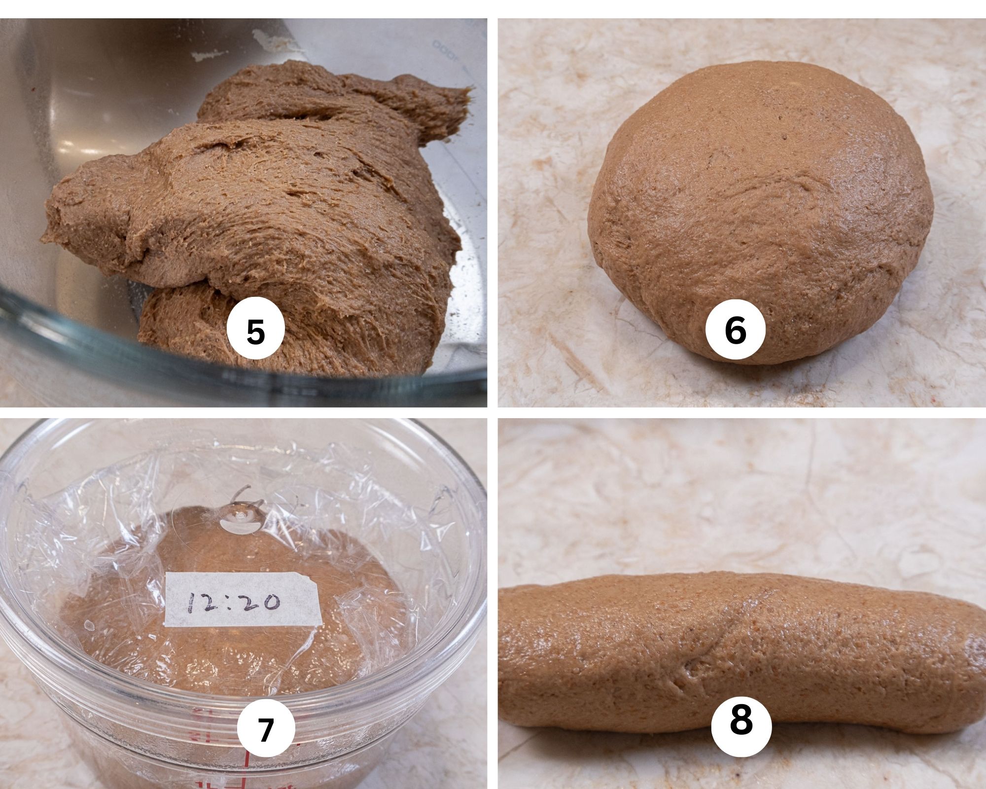 This collage shows the bread dough beaten, shaped into a ball, put in a container to rise and a log of dough.  