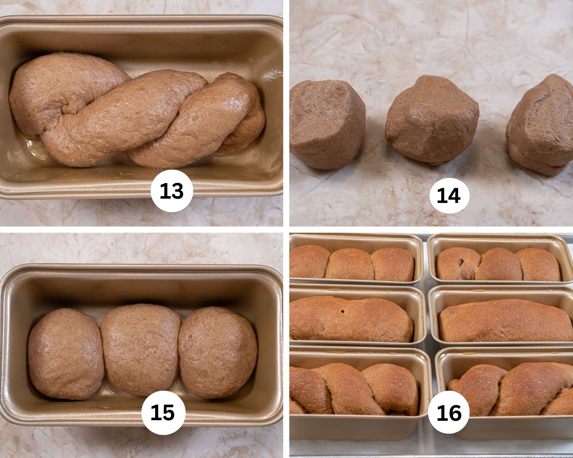 The final collage shows the twisted bread  in an individual pan, three pieces of dough and the baked loaves in their pans.