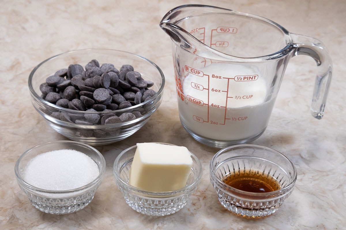 Ingredients for the truffle fillng are chocolate, heavy cream, sugar, butter and vanilla.