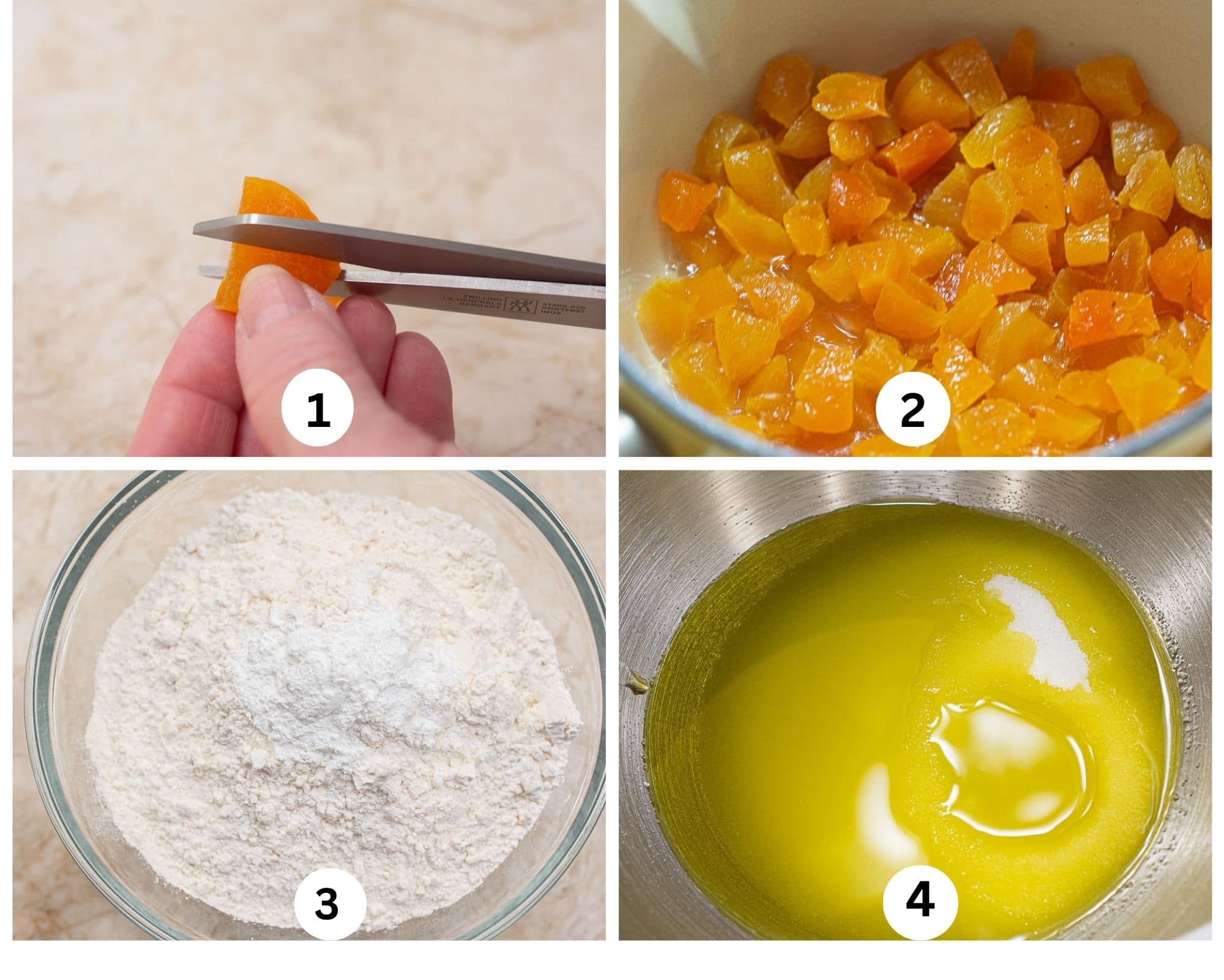 This collages shows the dried apricot being cut with scissors, the apricots being heated with brandy, a bowl with flour and baking powder and the olive oil and sugar in a mixing bowl.