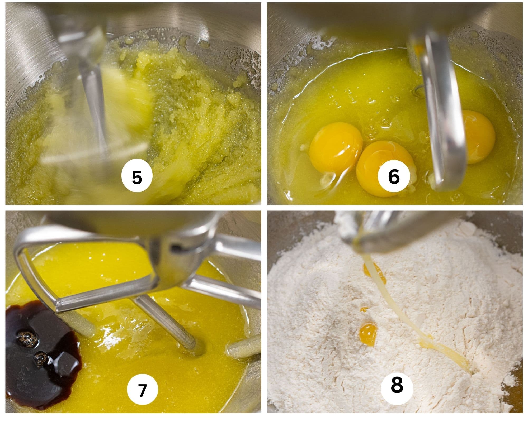 The olive oil and sugar beating in the mixer, eggs are added and beaten in and the flour mixture is added.