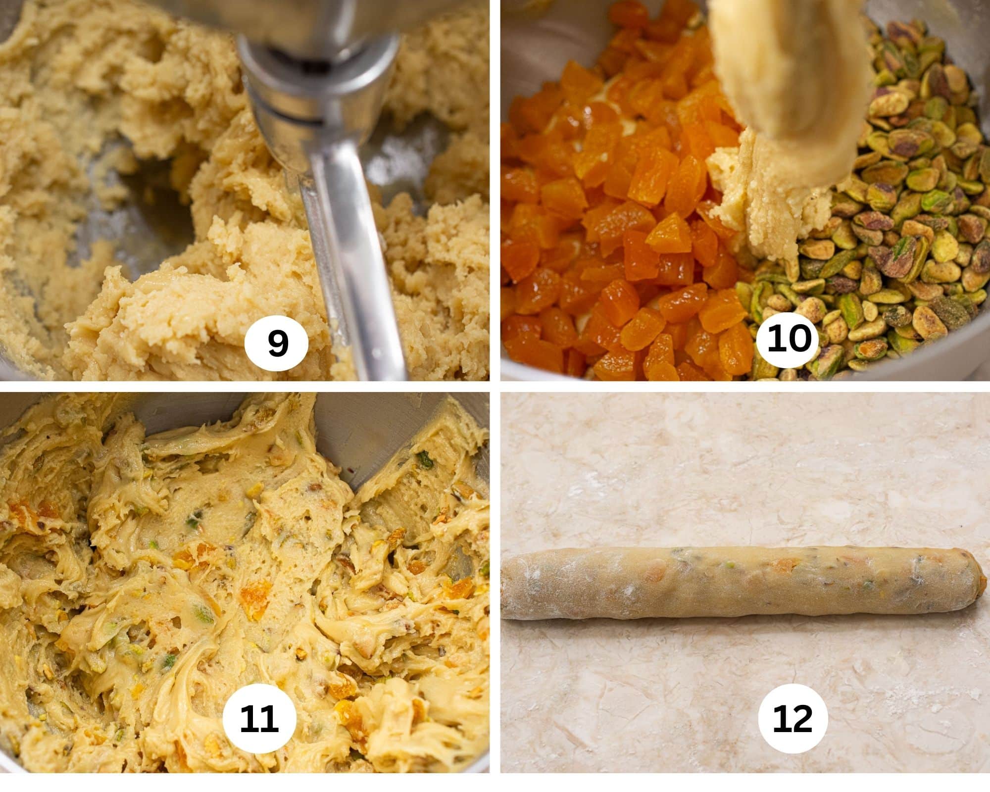 This collage shows the batter mixed, the apricots and pistachios added, the batter completed and  a portion rolled into a log.  