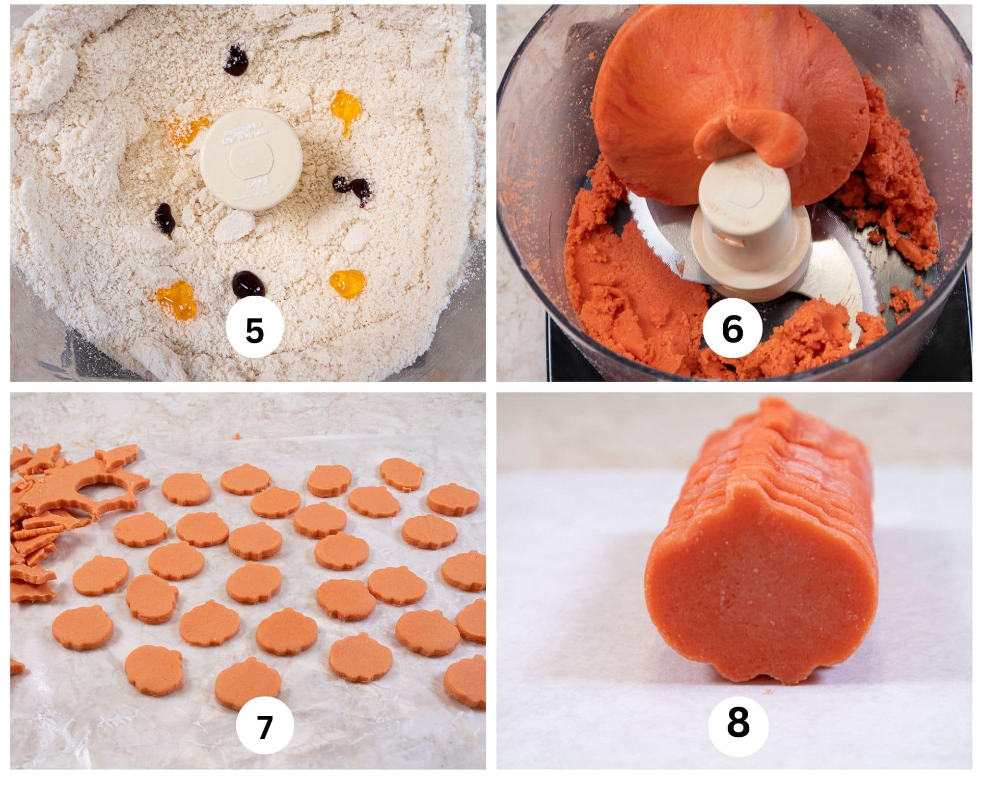 Red and Yellow gel dye is added to the processor bowl to make orange, the dough is processed, small pumpkins are cut from the rolled out dough, they are stood up and pressed together. 