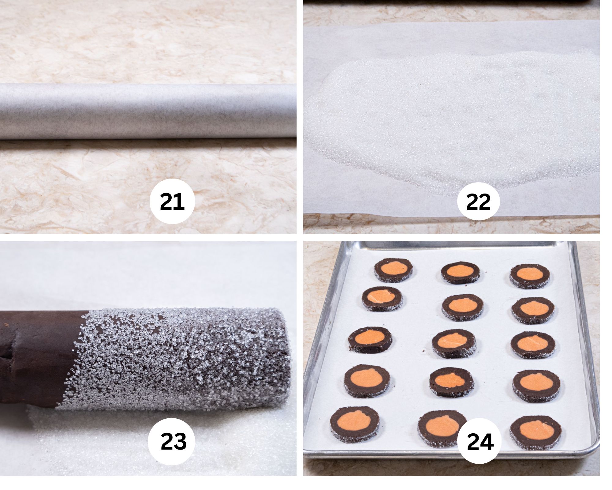 The last collage shows the roll of dough in parchment paper, sanding sugar on parchment, the chocolate roll partially covered in sanding sugar and the cookies sliced on a tray.  