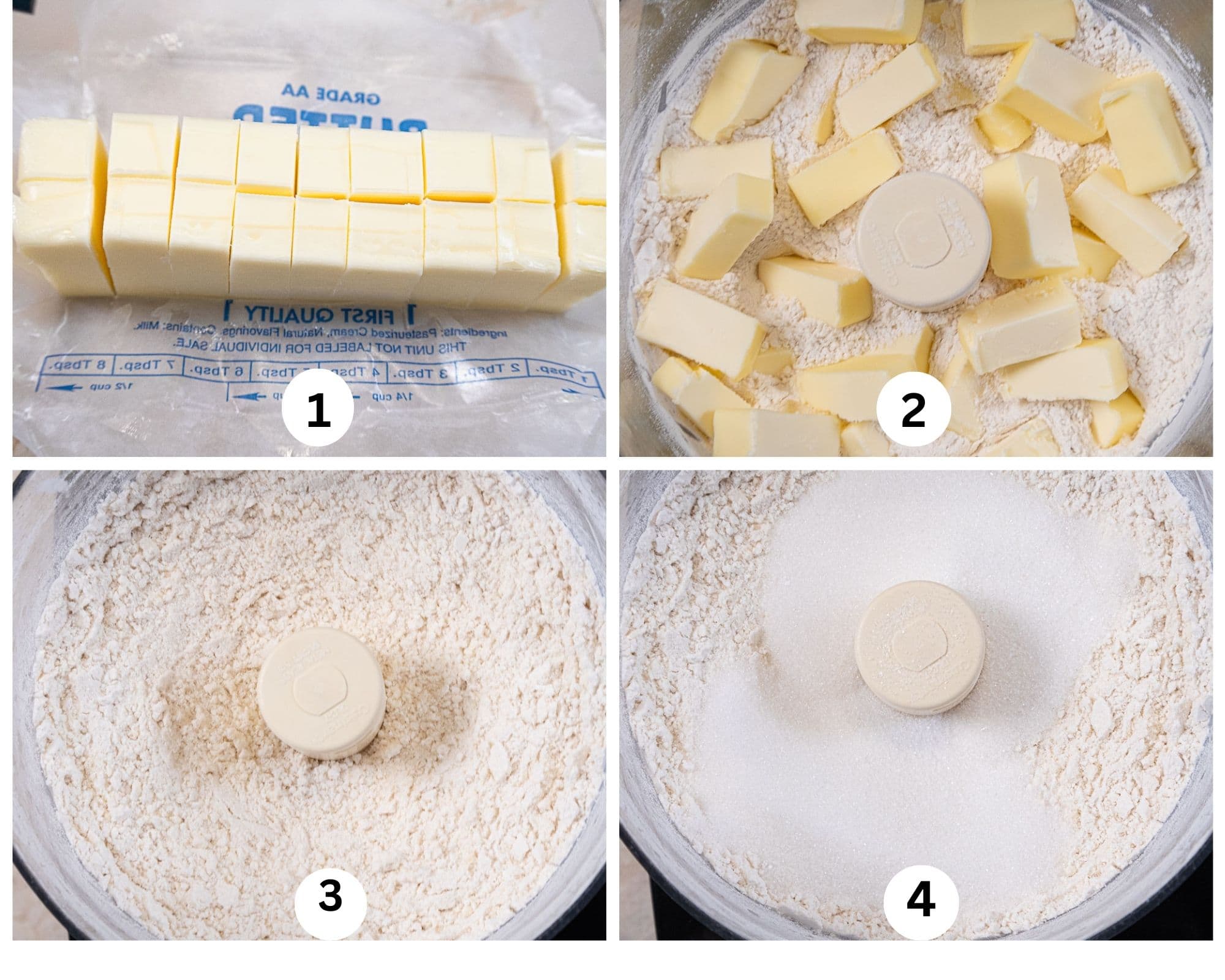 The first collage for the orange dough shows the butter cut, in the processor, processed and the sugar added. 