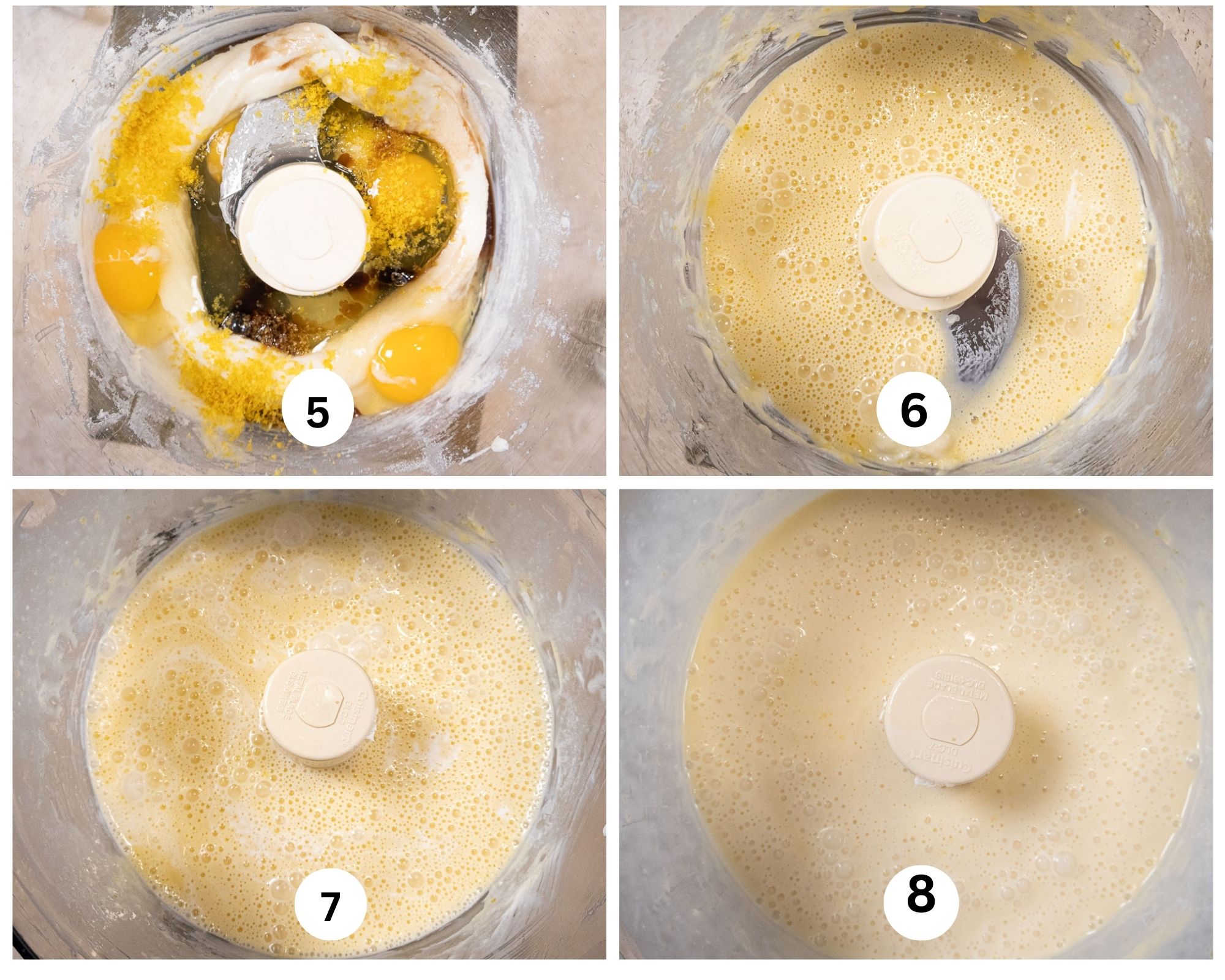 The eggs,,lemon zest, vanilla, sour cream and citric acid are added to the processor bowl.