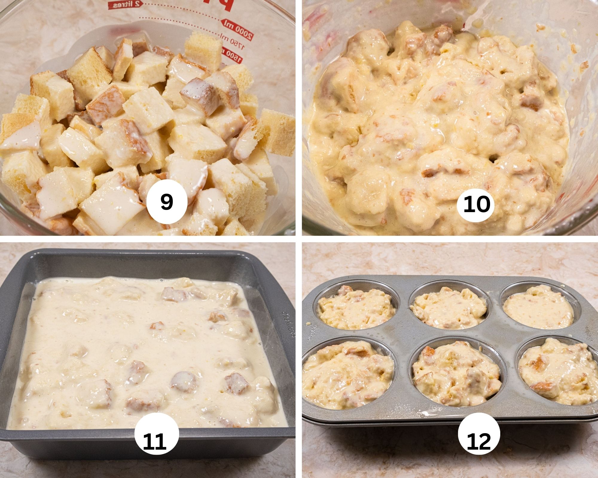 The mixture is poured over the bread cubes, it has soaked in and then it is poured into a square pan orinto individual cups. 