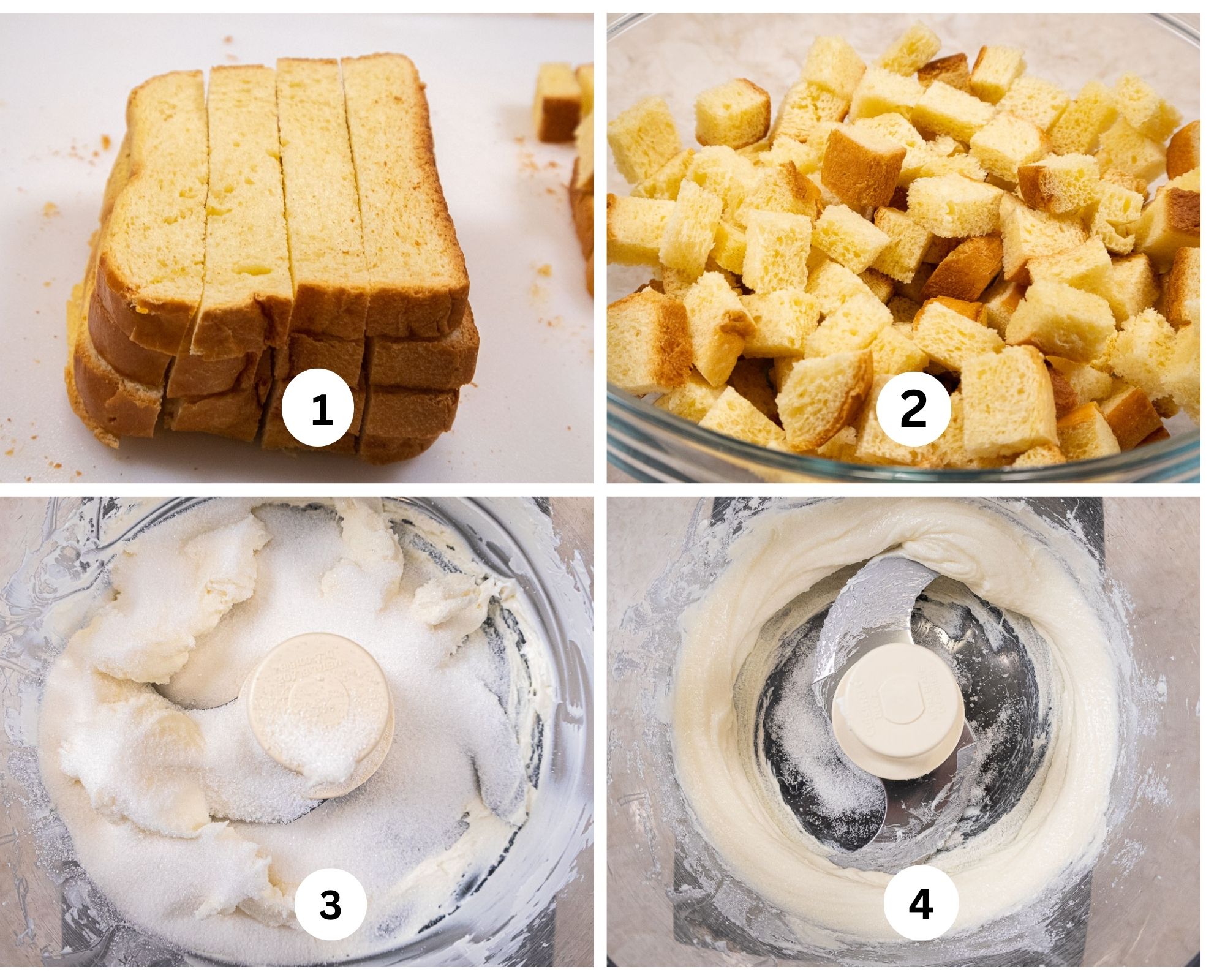 The first collage shows a stack of bread slices cut vertically then cut into cubes, sugar and cream cheese in a processor bowl and processed.