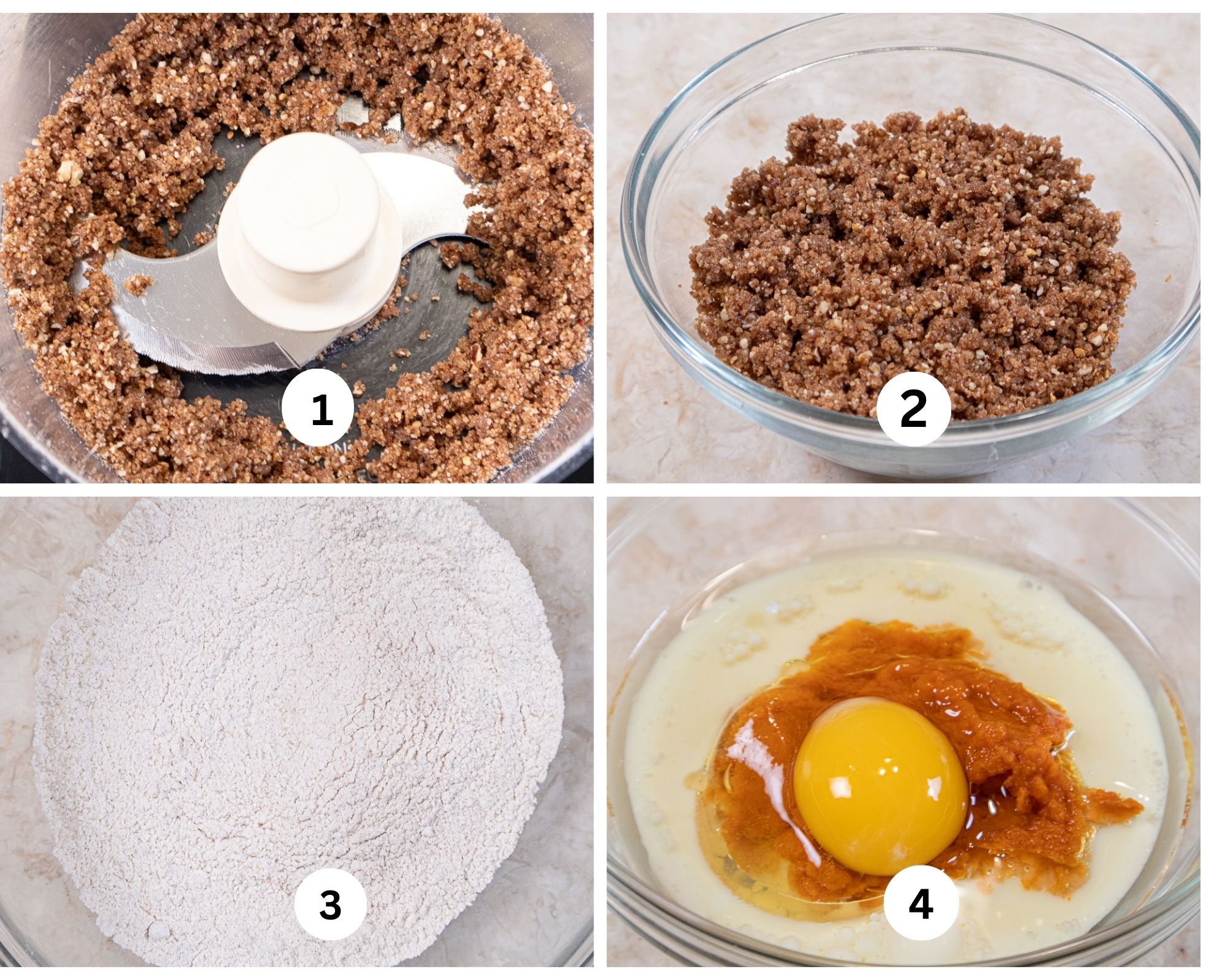 The first collage shows the streusel processed, transferred to a bowl, the dry ingredients mixed and the  liquid ingredients in a bowl