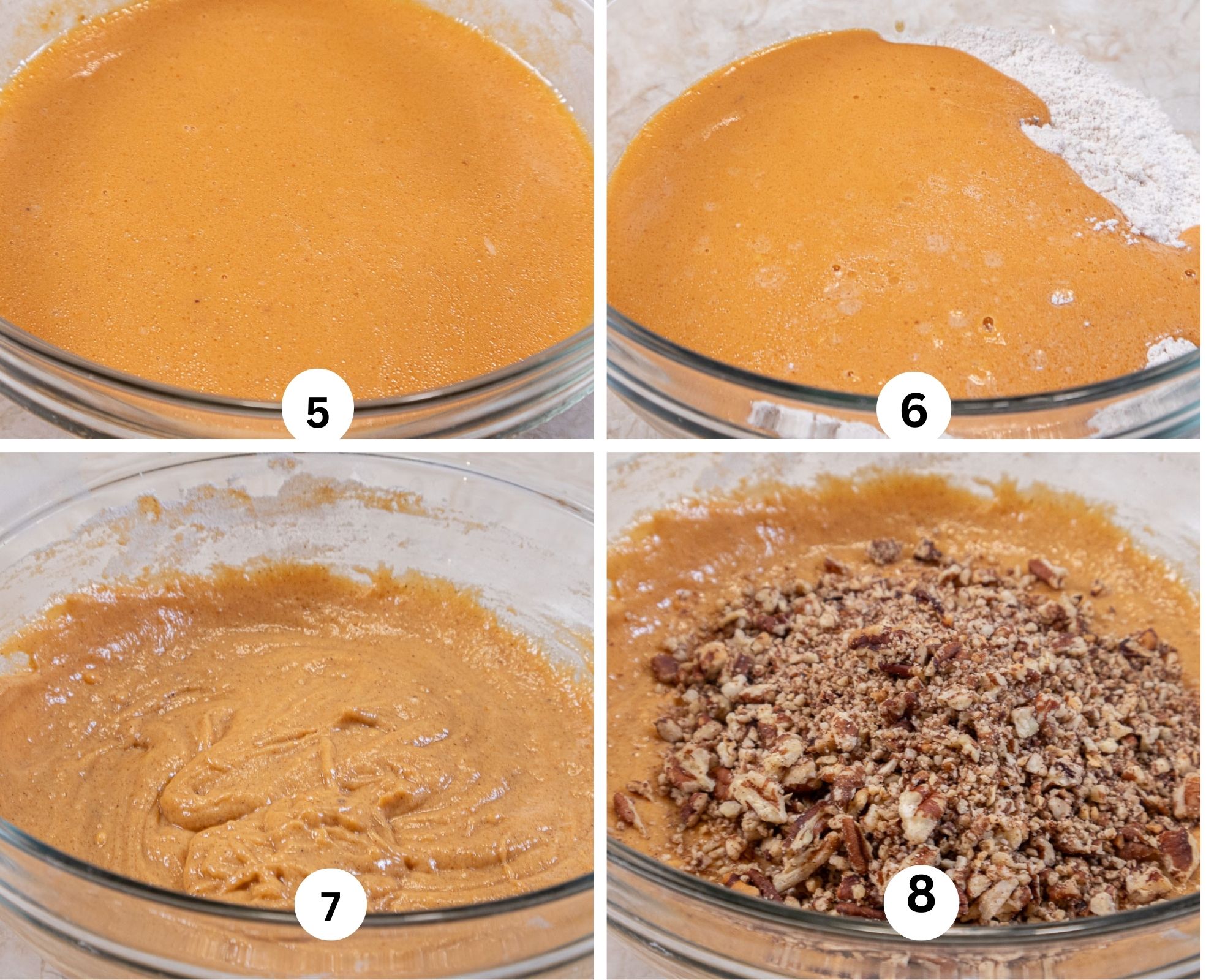 The liquid ingredients have been whisked together, added to the dry ingredients, mixed and the nuts added.