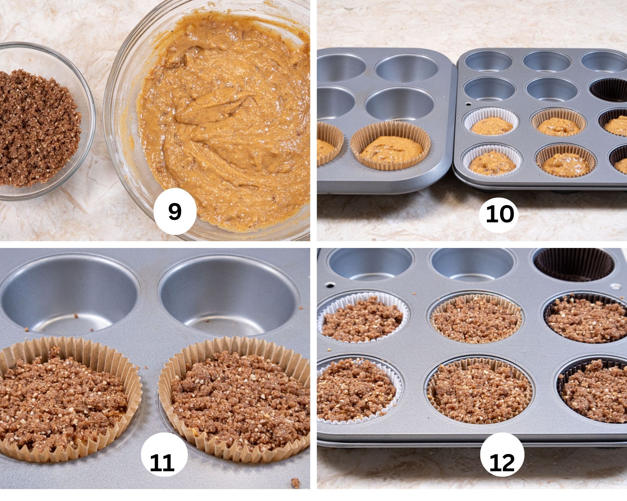 The streusel and mixed muffins together, the muffins in paper cups, the streusel is added to them.  