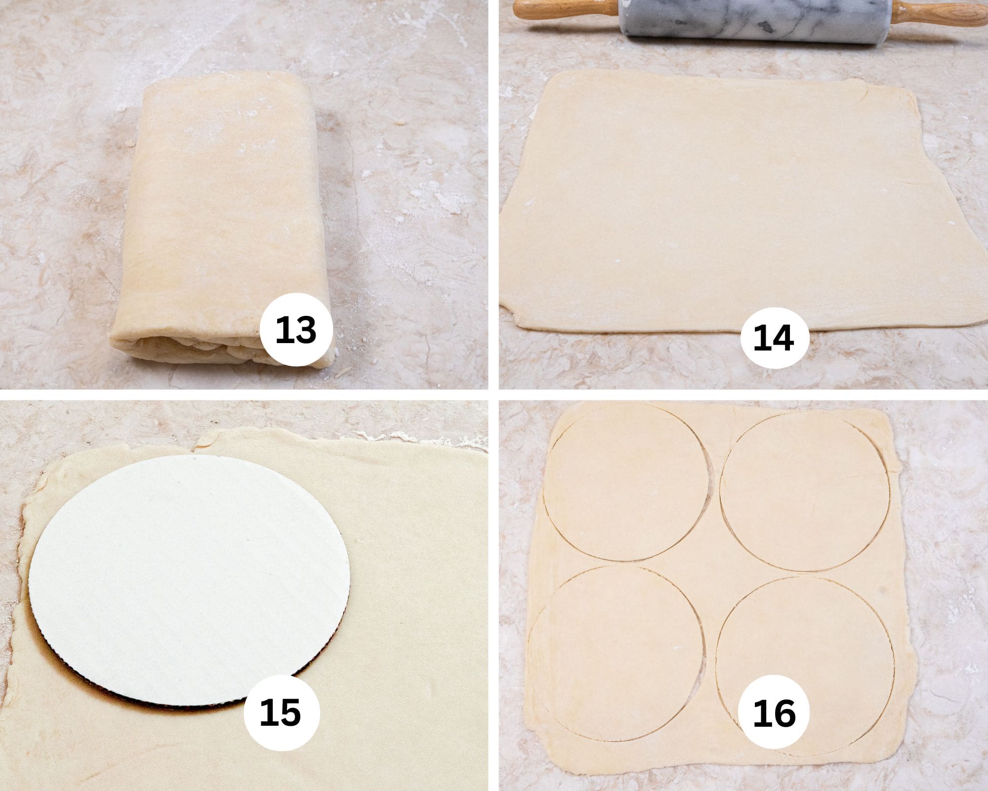 This collage shows the pastry turned 90°, rolled out into a large square, a 6" cake round used as a guide, 4 6" rounds cut out.