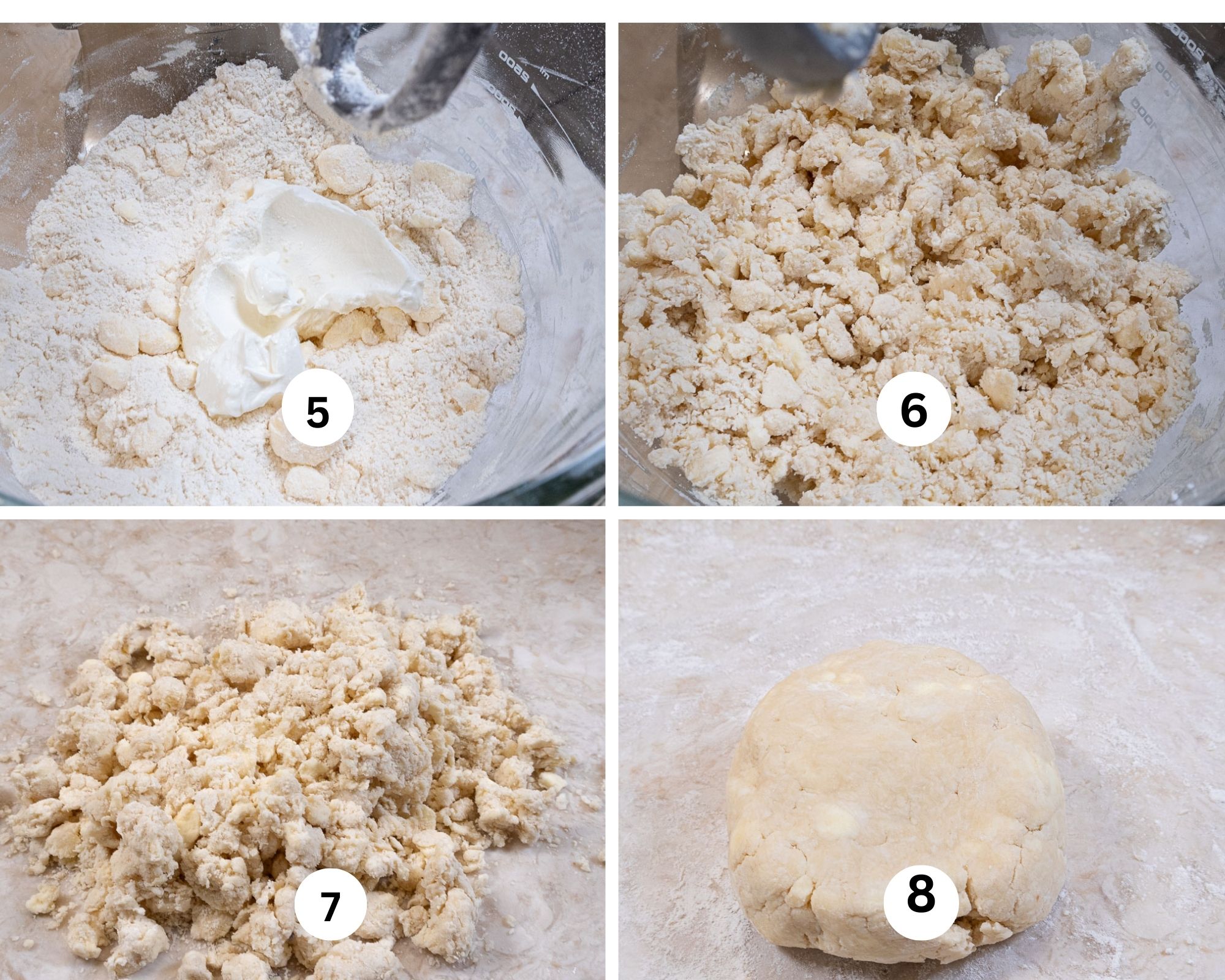 Sour cream is added to the mixing bowl, large pieces of butter  are seen, the dough is poured onto the counter, and finally pushed together to make a cohesive dough.