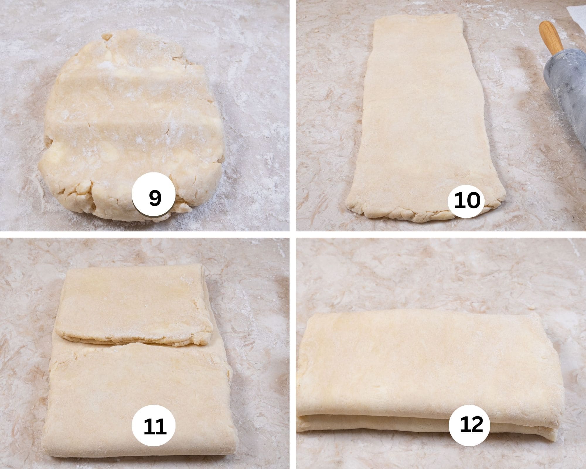 The dough is spread out, rolled out, the top and bottom brought to the center and finally folded over.