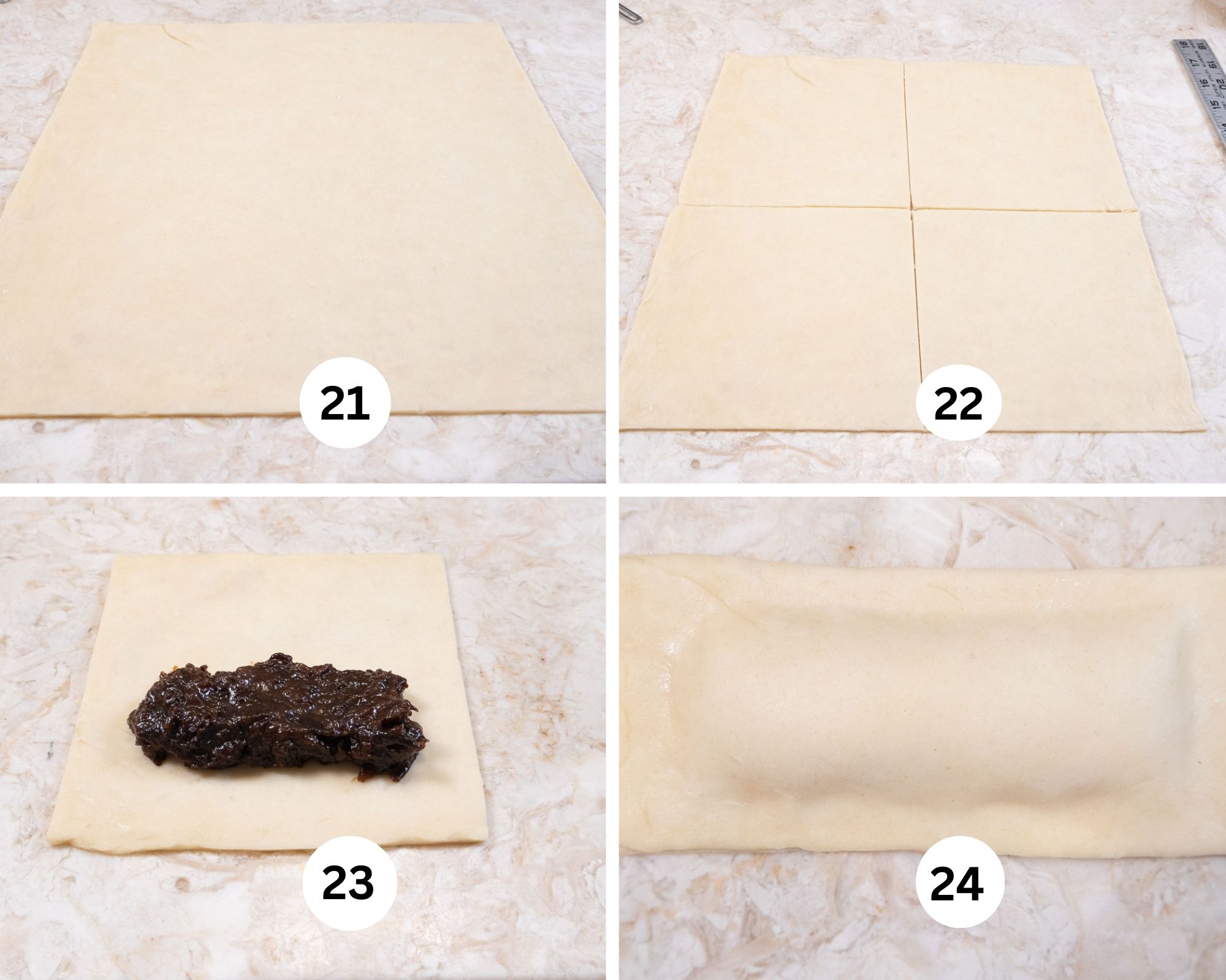 Pastry rolled to 12"x14",divided into 4, filling placed on one piece and the dough brought down to cover the filling.