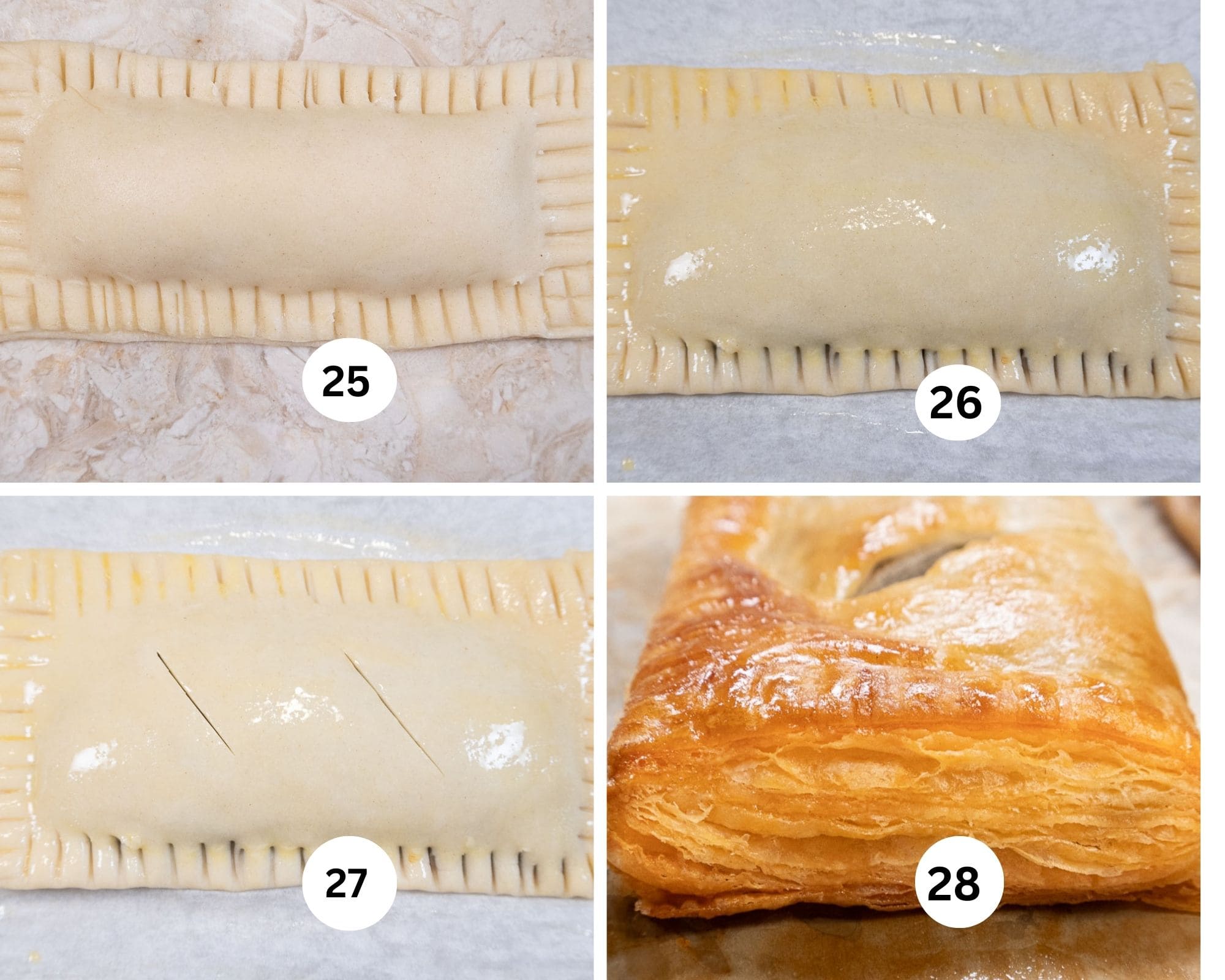 The last collages, shows the filled pastry edges sealed with a fork, brushed with egg wash, vents slit and a baked turnover to illustrate the flaky layers.