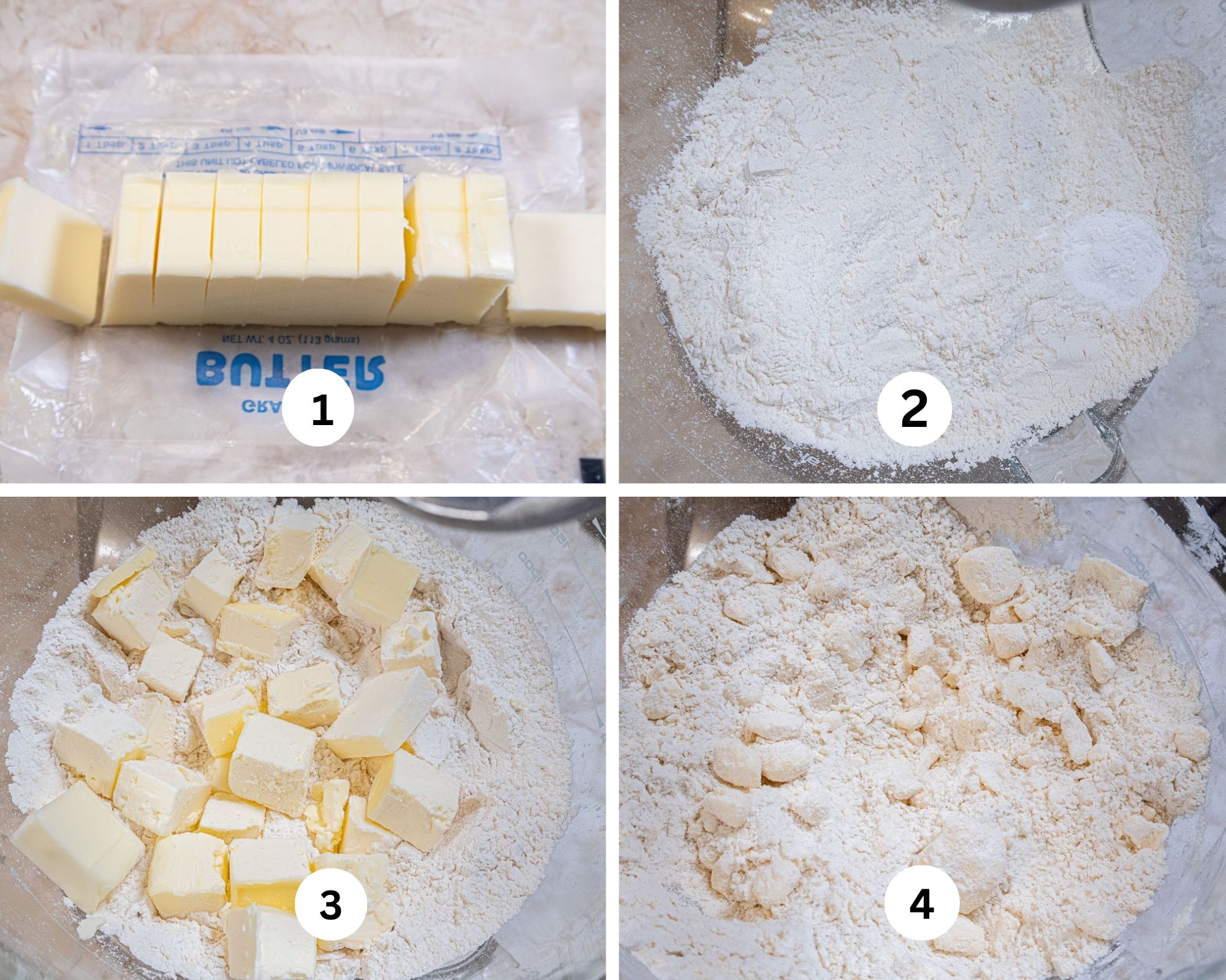 The first collages shows the butter cut, dry ingredients in the mixing bowl, butter added and the butter cut in. 