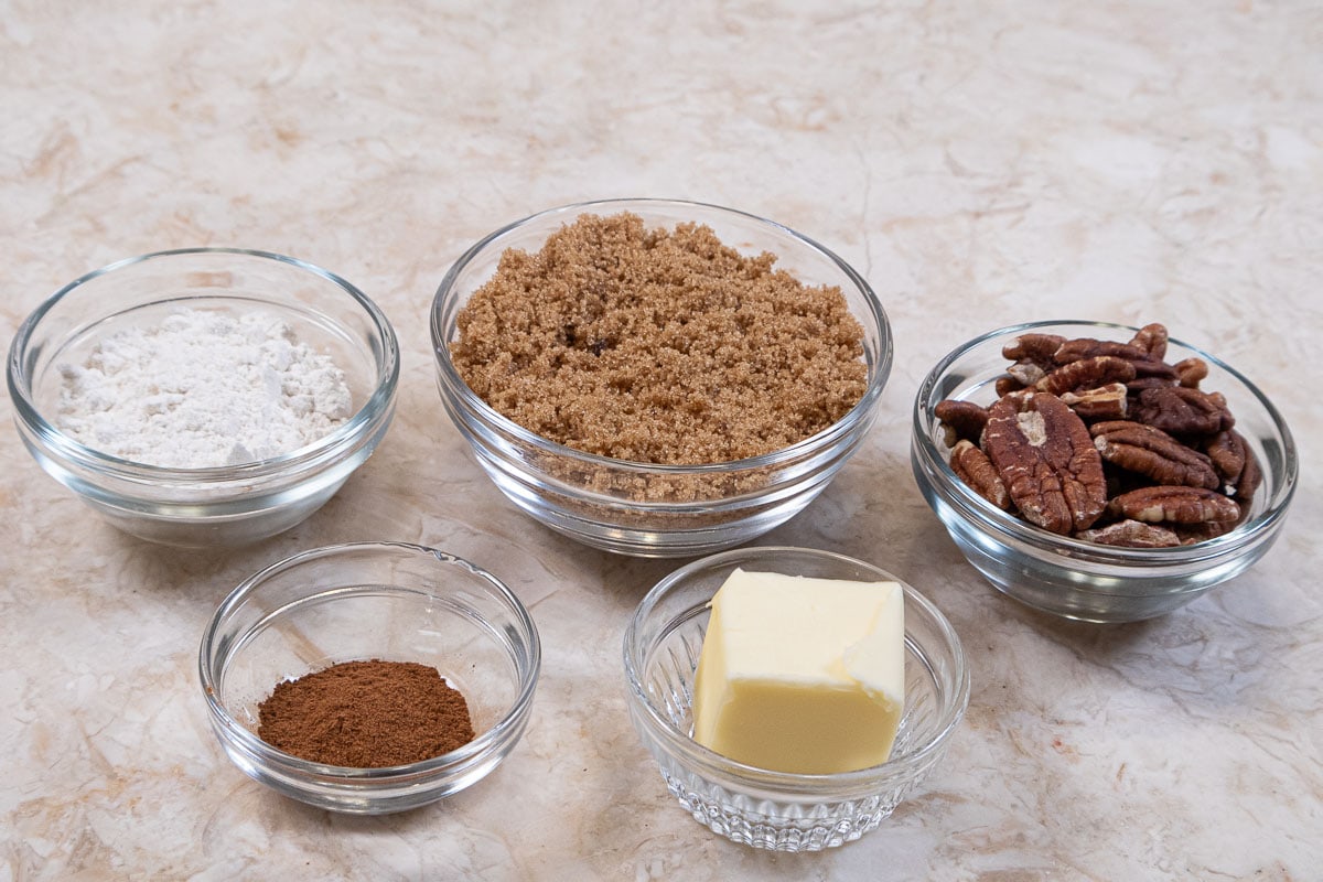 Ingredients for the streusel are brown sugar, toasted pecans, all-purpose flour, cinnamon, and unsalted butter.