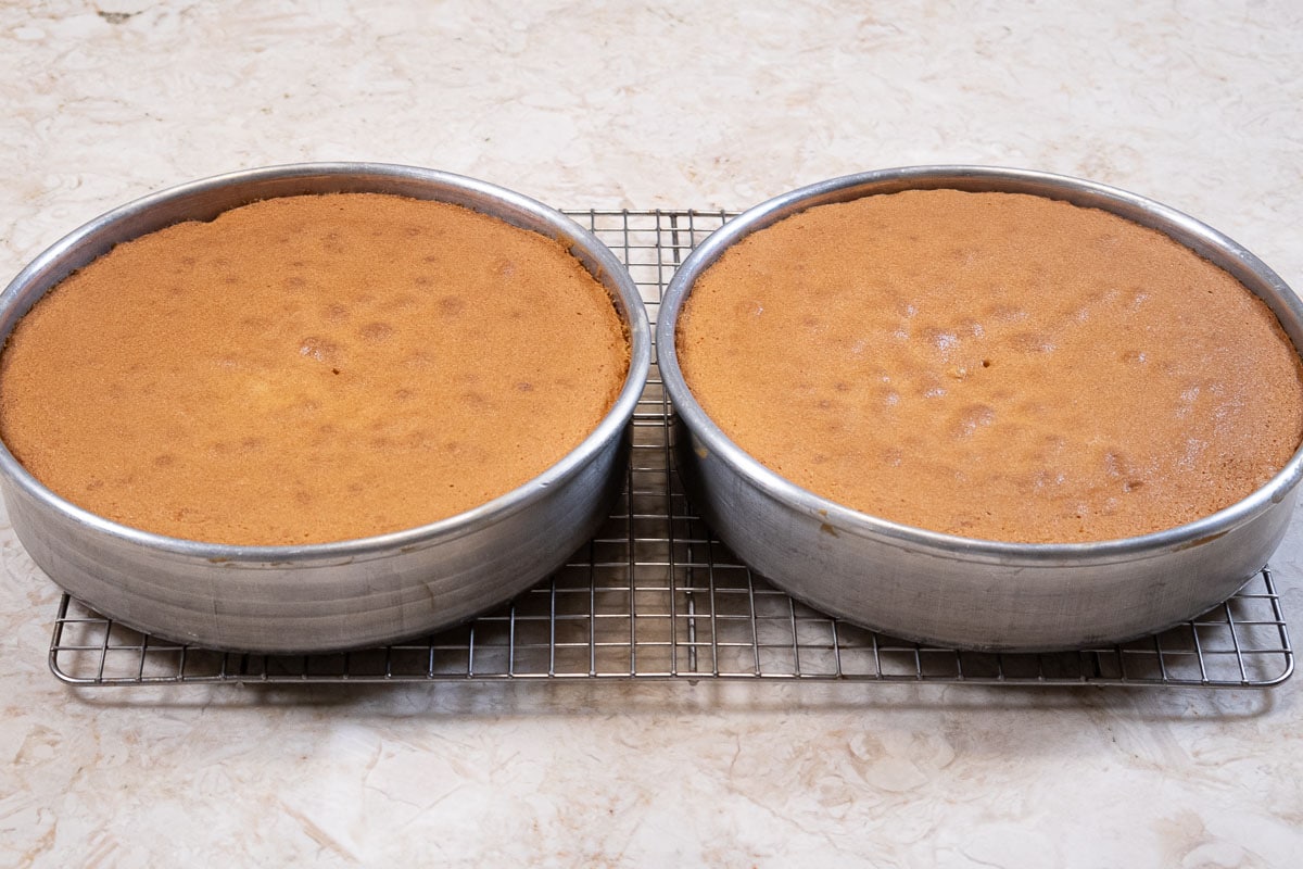Two layers of Yellow buttermmlk cake on a cooling rack.