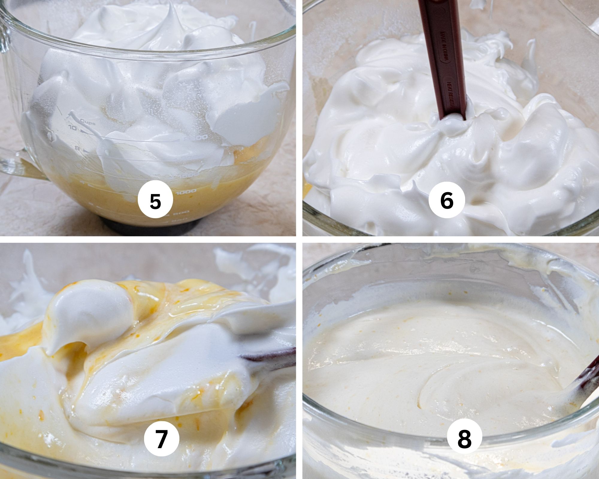 This collage shows the beaten egg whites in the bowl with the flour mixture, a plastic spatula in the middle of the whites, turning the bottom mixture to the top and the finished mix.