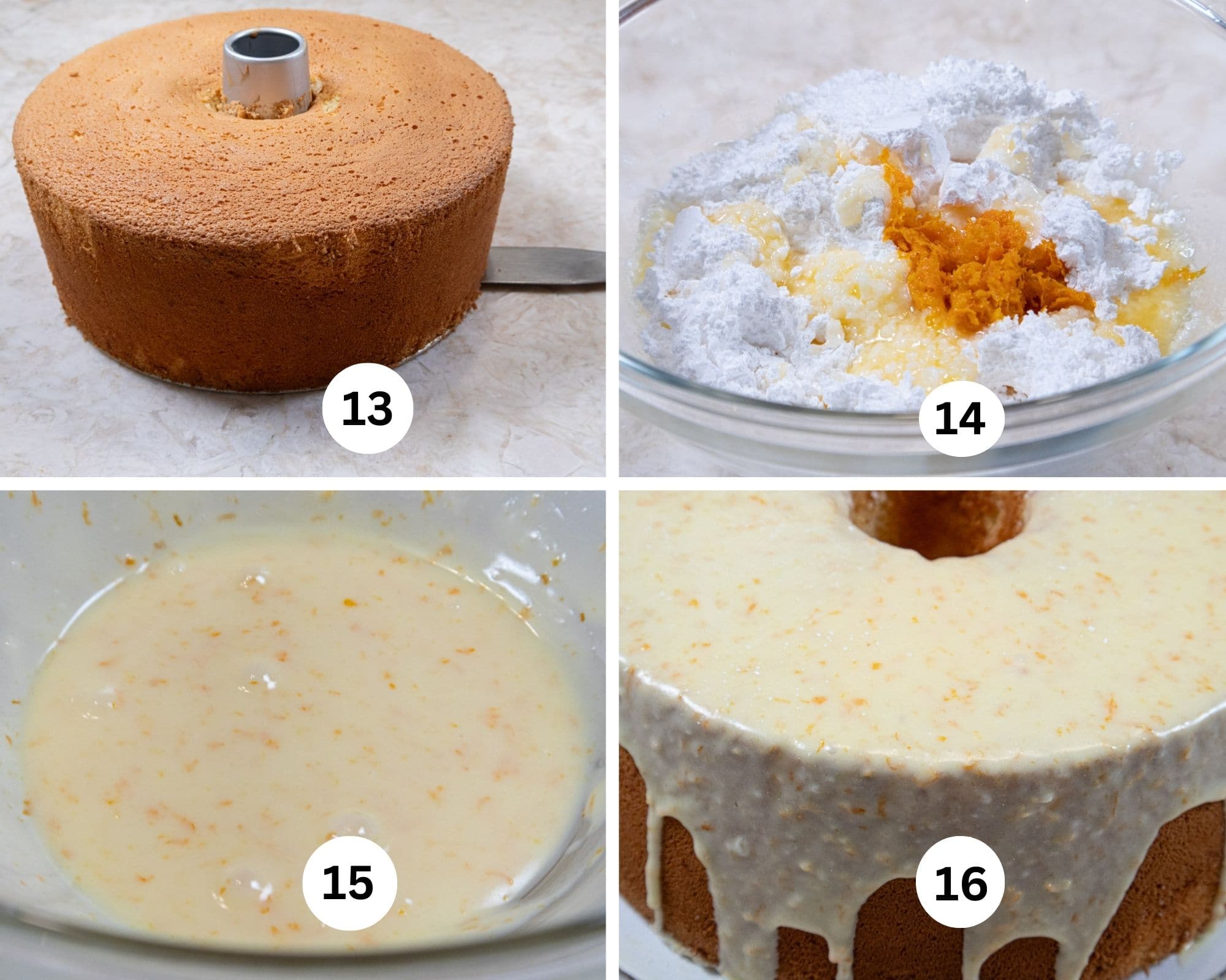 The last collage for the chiffon cake shows the bottom being released with a metal spatula, the ingredients for the glaze in a bowl, mixed and poured over the cake. 