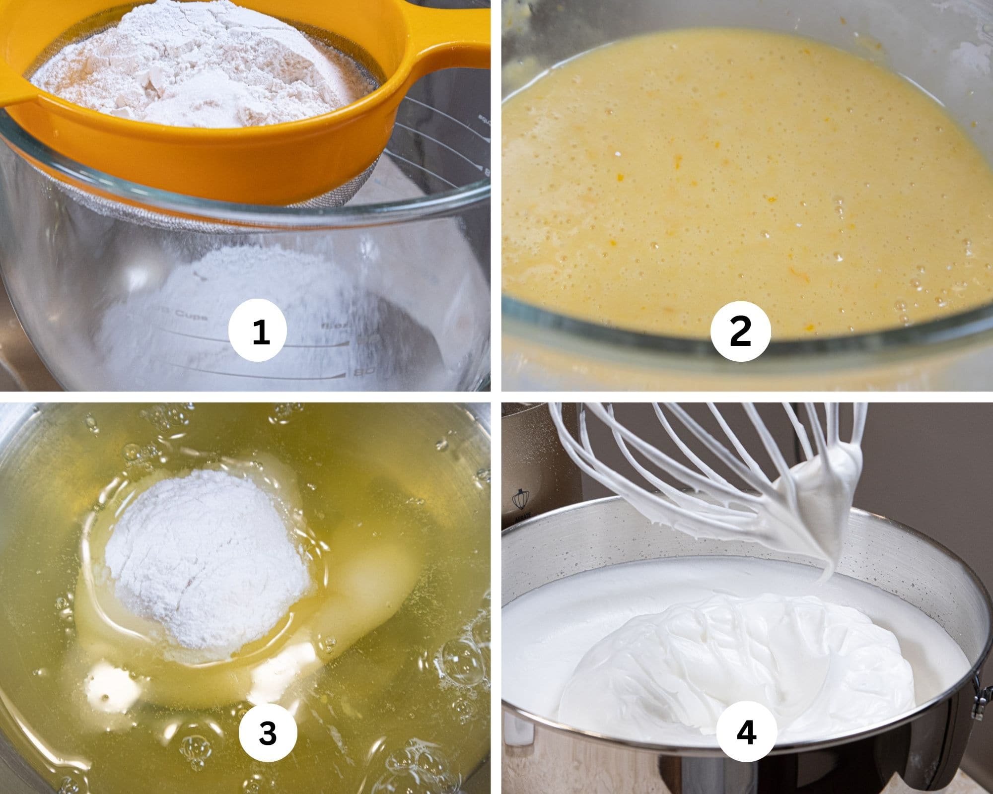 The first collage shows the dry ingredients being sifted into the mixing bowl, then mixed with the liquid ingredient, the egg whites, sugar and cream of tarter in a mixing bowl, then beaten. 