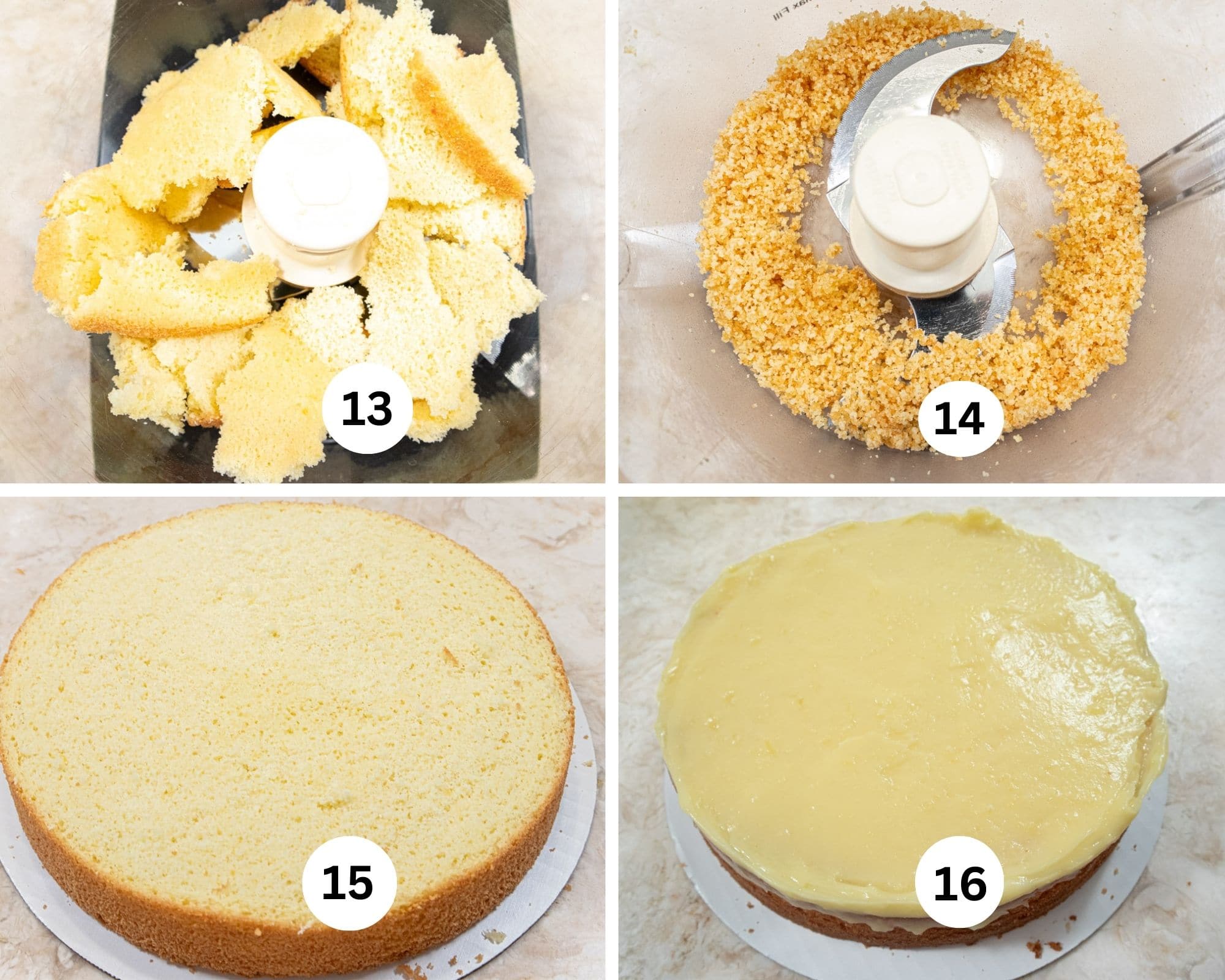 This collages shows the cake slice in the processor, processed to crumbs, the cake soaked and the lemon topping on. 