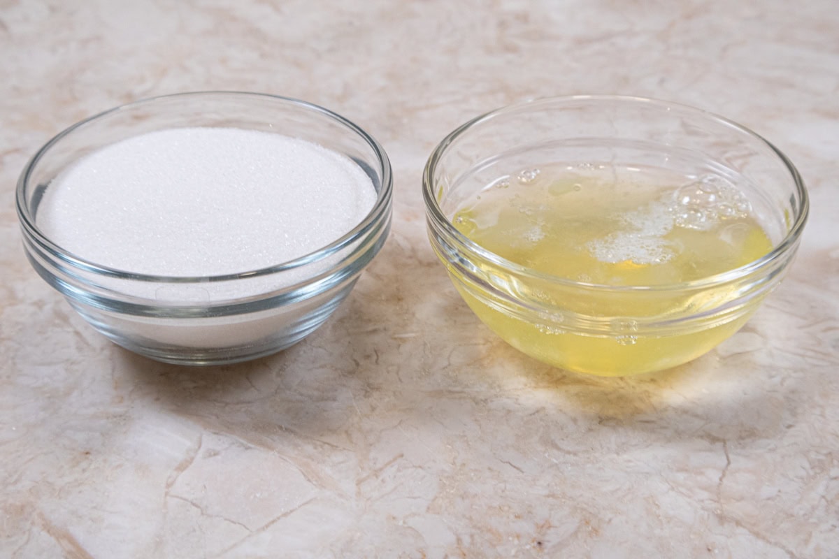 Ingredients for the Swiss Meringue are granulated sugar and egg whites. 