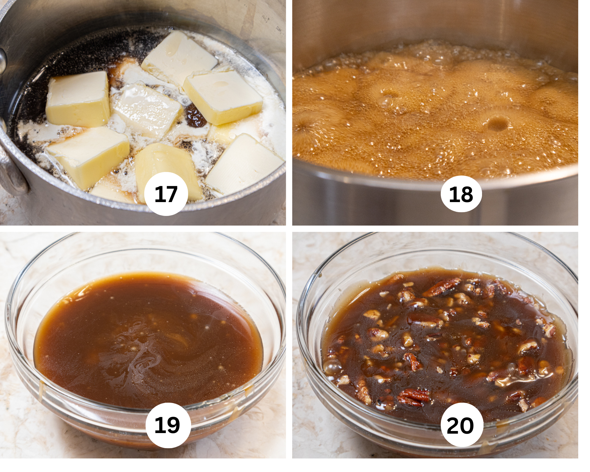 The last collages shows the bourbon pecan sauce with the butter, brown sugar, cream and corn syrup in a saucepan, boiling, the finished sauce and last the sauce with the pecans.