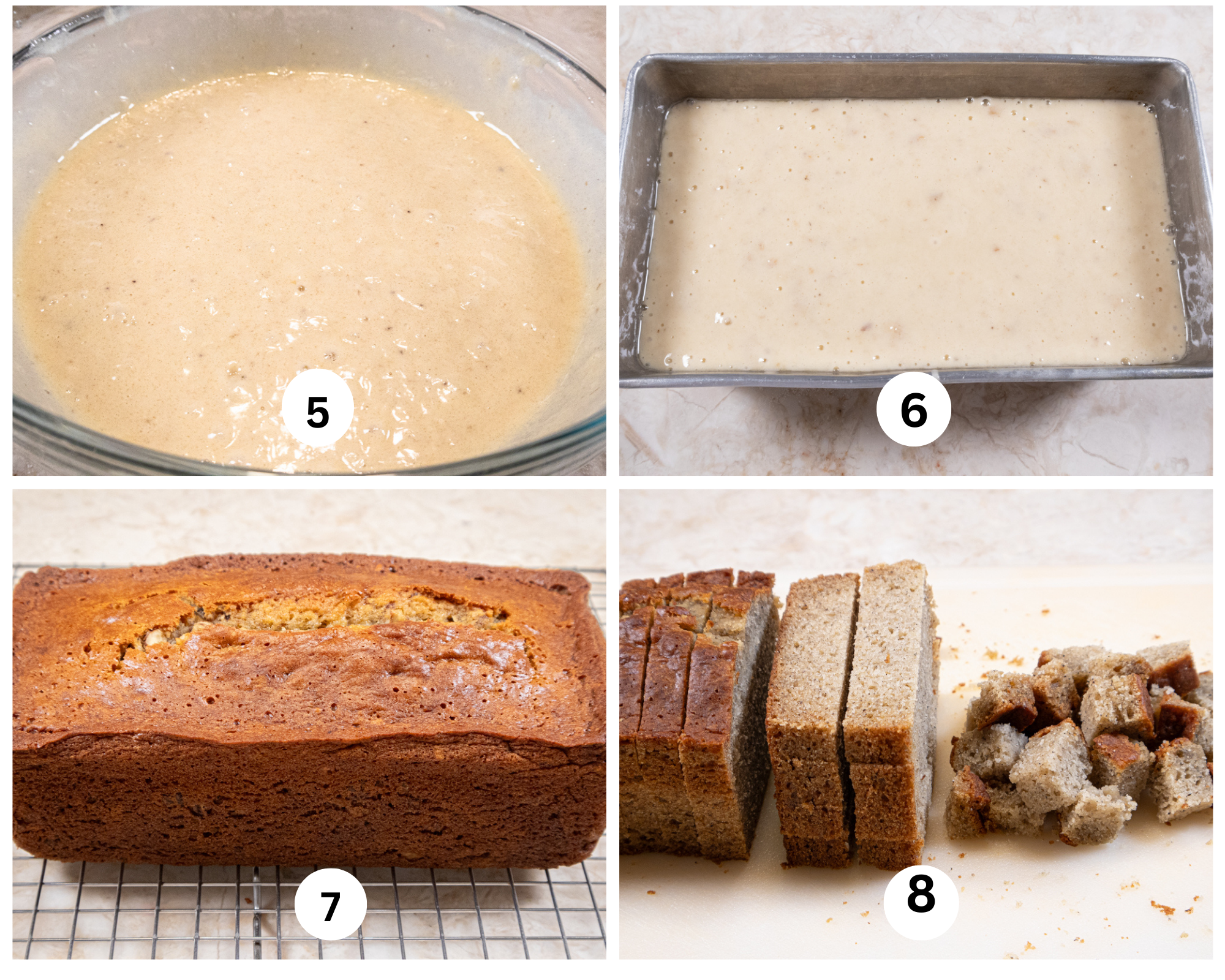 This collage shows the flour being whisked into the liquid ingredients, poured into a 9x5 loaf pan, the banana bread baked and then cubed for the pudding.