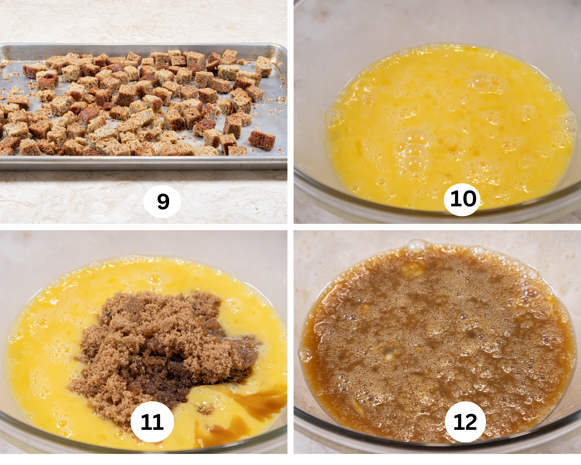 This collages shows the cubed bread on a try to dry out, the eggs beaten for the custard, the brown sugar, vanilla and spices added tot he eggs,and the mixture whisked. 