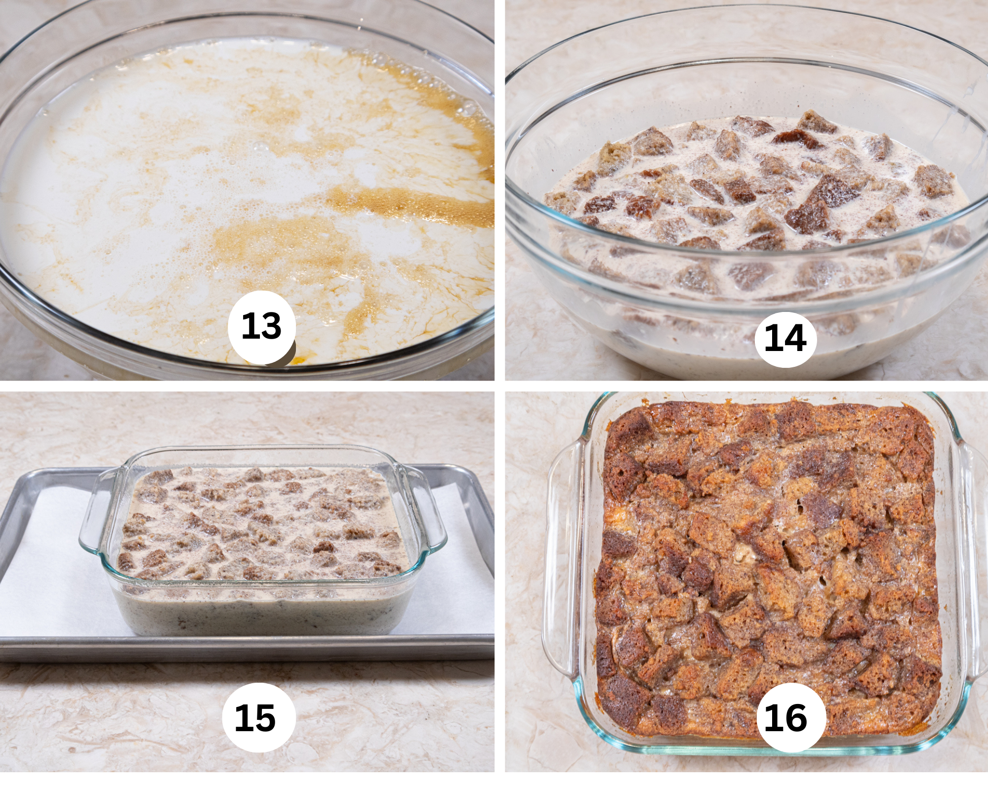 The cream is added to the egg/sugar mixture, the poured over the bread cubes, the pudding is poured into and 8x8 dish, and baked.